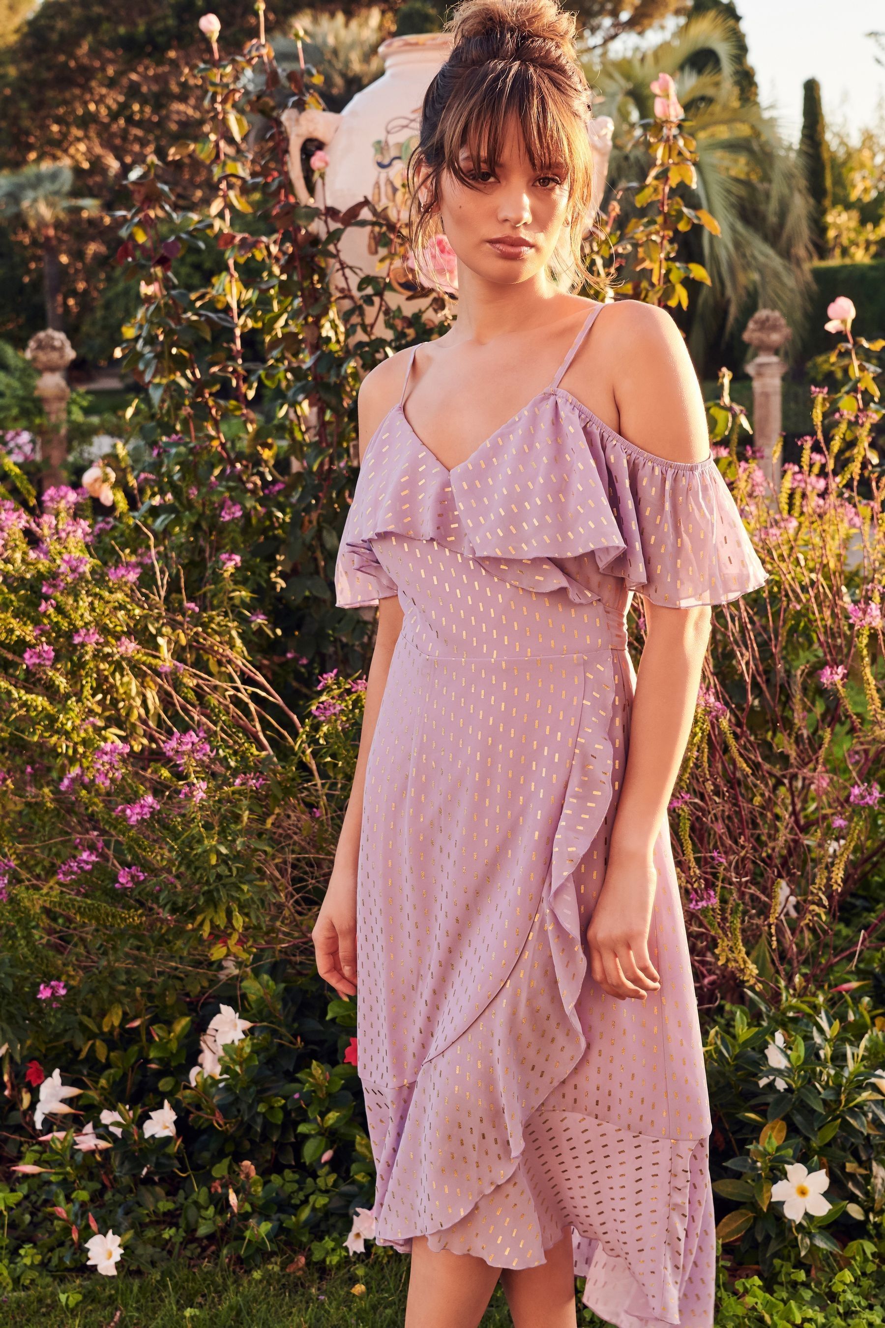 Buy Quiz Purple Gold Foil Print Cold Shoulder Wrap Midi Dress from Next Luxembourg