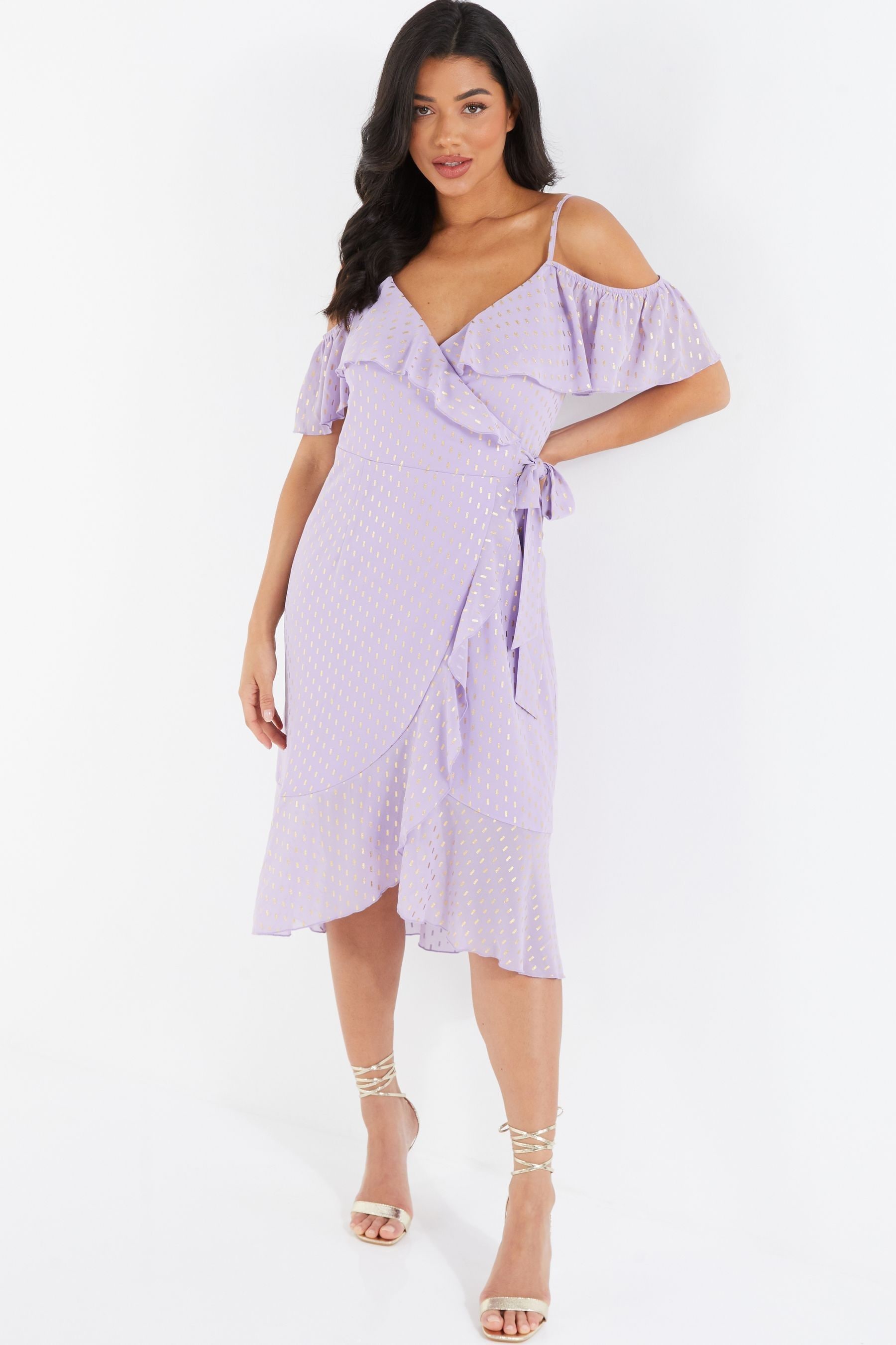 Buy Quiz Purple Gold Foil Print Cold Shoulder Wrap Midi Dress from Next Luxembourg