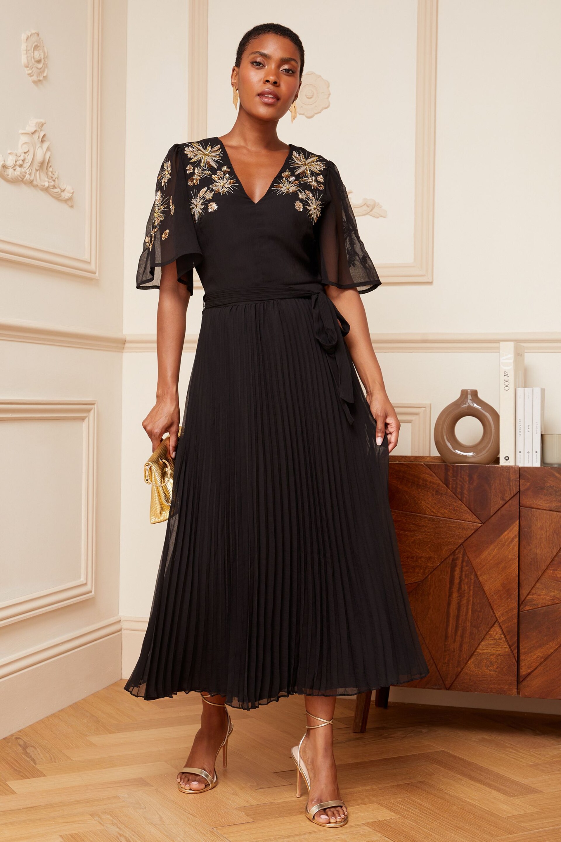 Love & Roses Black and Gold Embellished Sequin V Neck Flutter Sleeve Midi Dress - Image 1 of 4