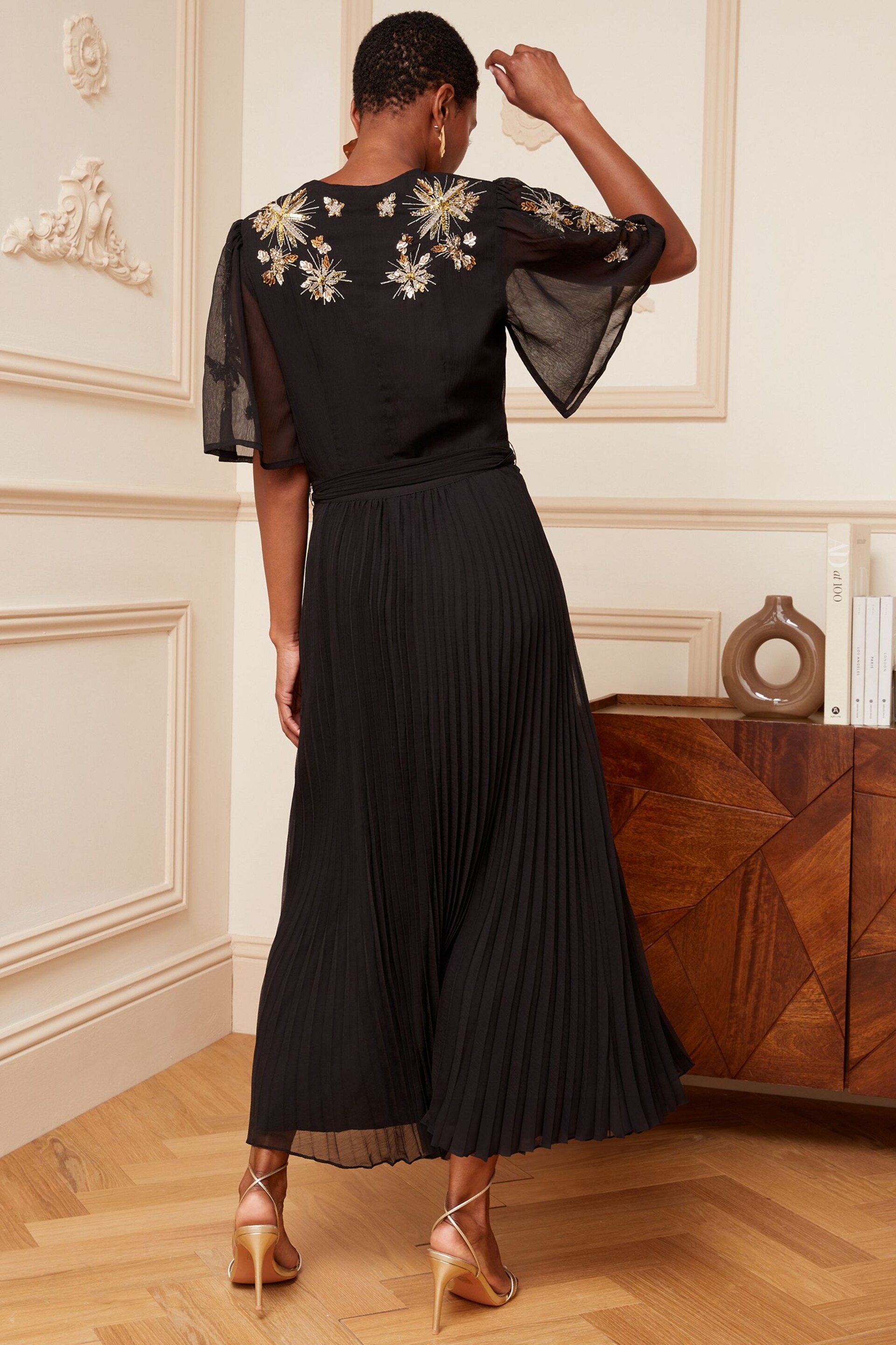 Love & Roses Black and Gold Embellished Sequin V Neck Flutter Sleeve Midi Dress - Image 2 of 4
