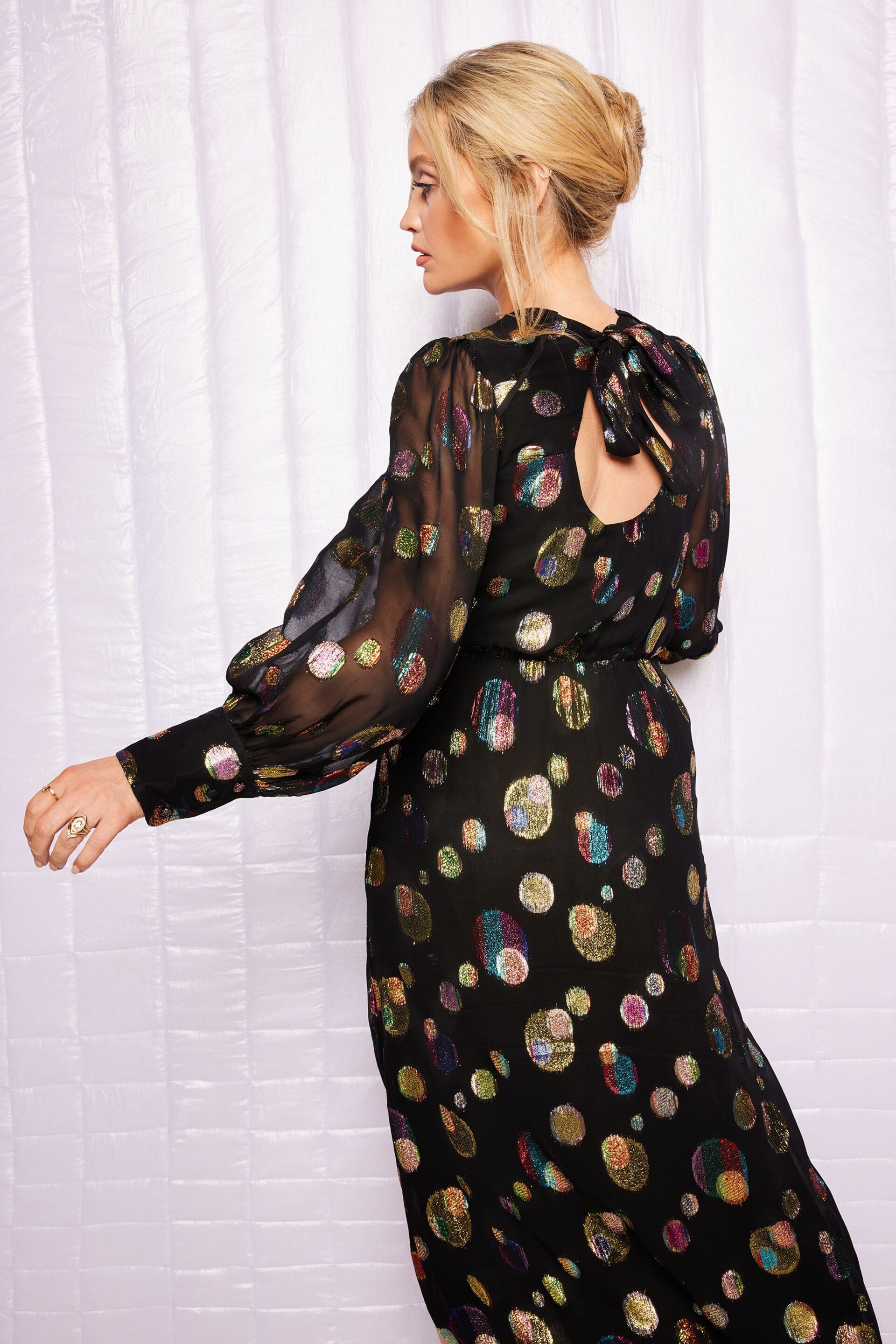 Love & Roses Black Metallic Jacquard Long Sleeve Midi Dress - Image 3 of 4