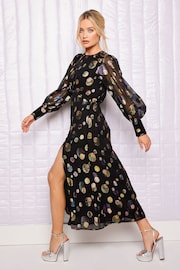 Love & Roses Black Metallic Jacquard Long Sleeve Midi Dress - Image 4 of 4