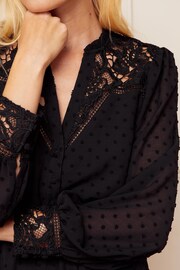 Love & Roses Black Dobby Spot Chiffon Lace Yoke Long Sleeve Mini Dress - Image 2 of 4