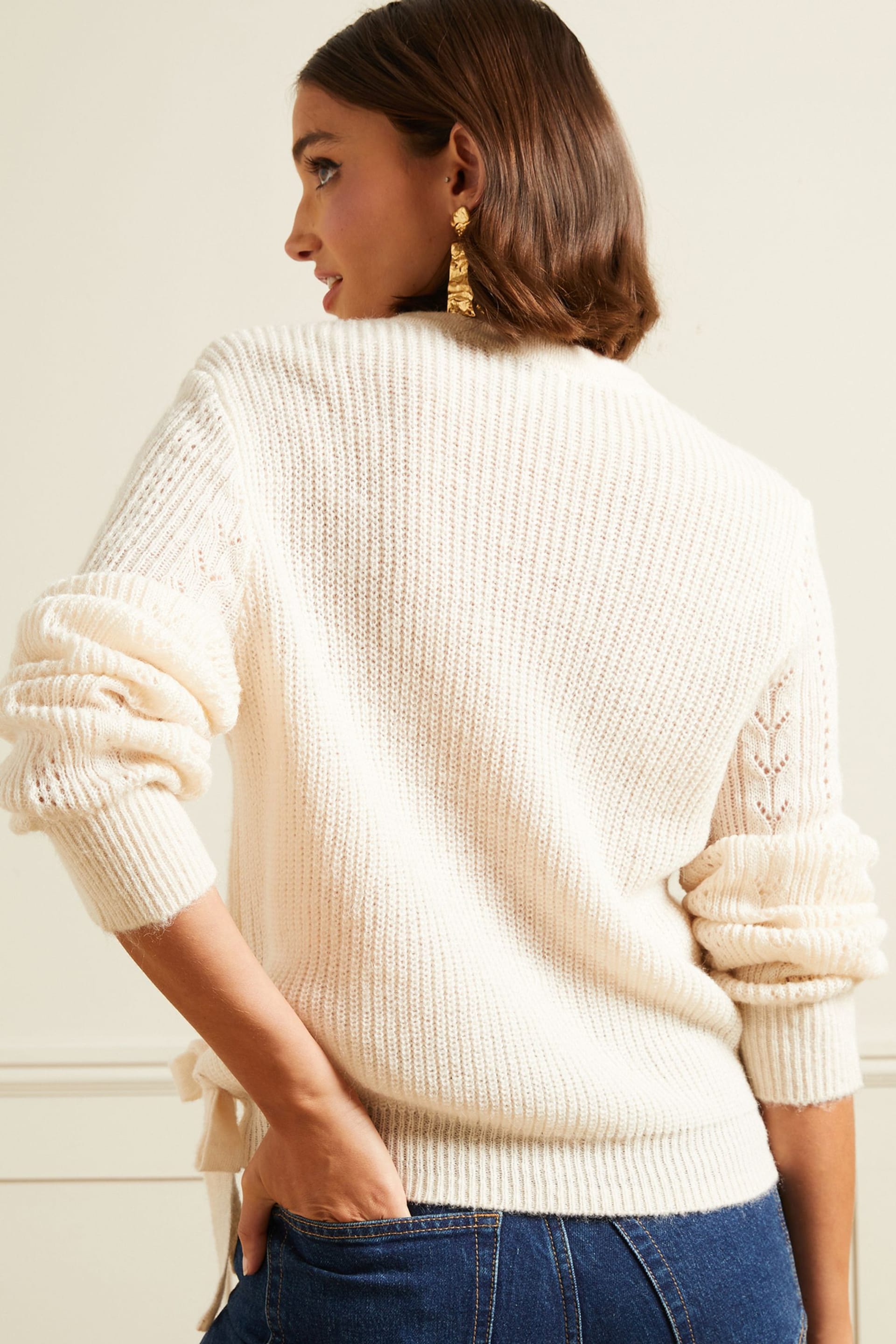 Love & Roses Ivory White Pointelle Scallop Knitted Wrap Jumper - Image 3 of 4