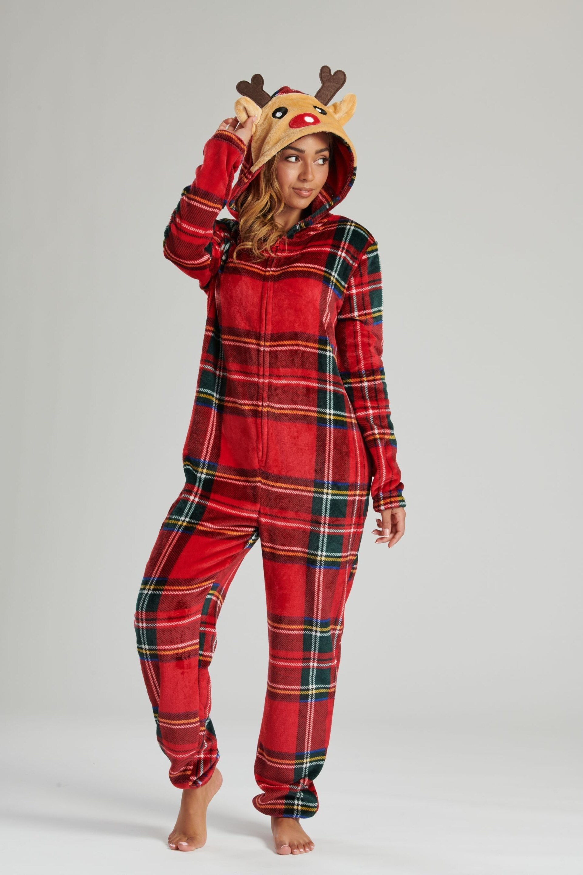 Loungeable Red Tartan Fleece Reindeer All-In-One - Image 1 of 5