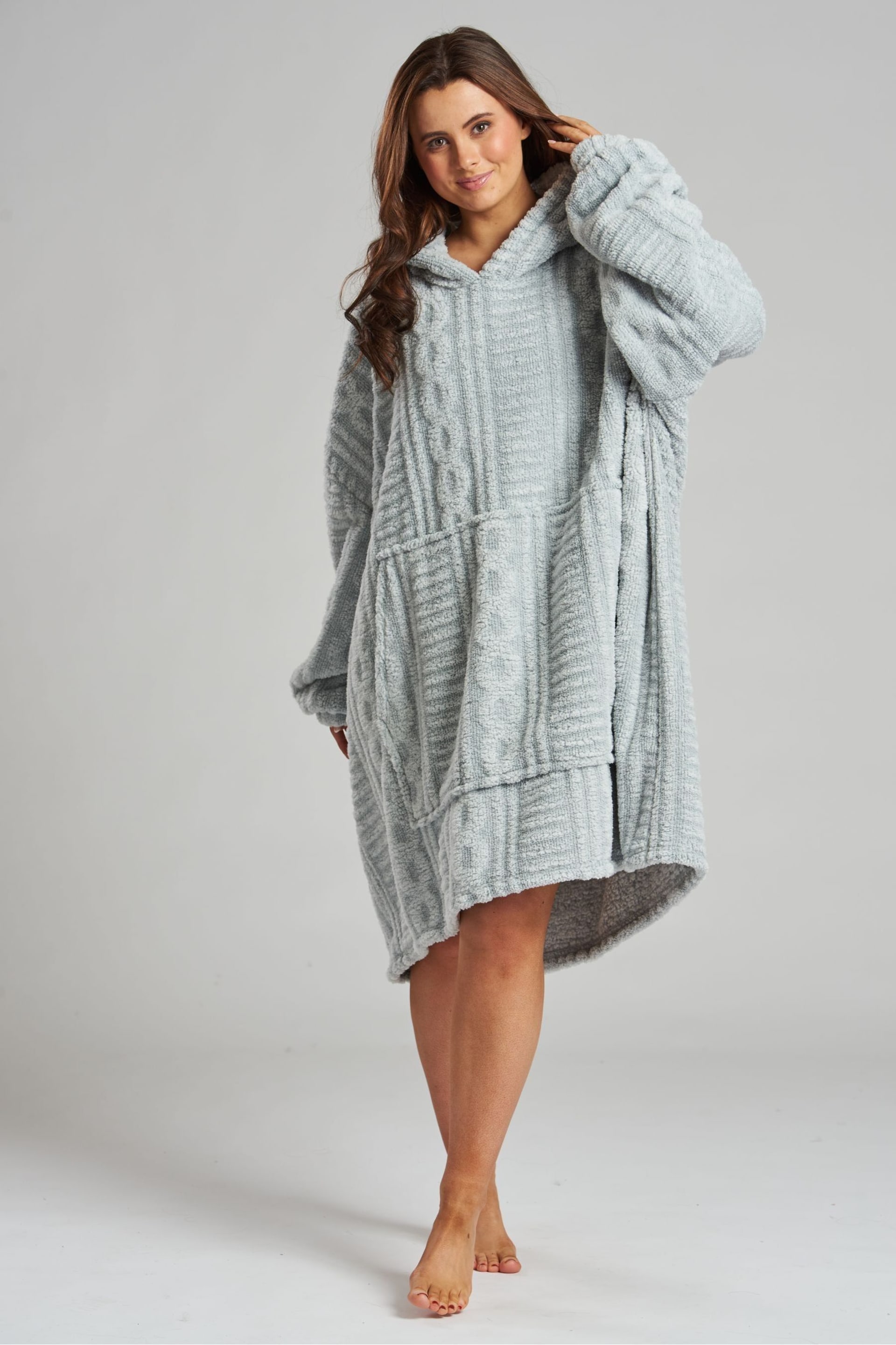 Loungeable Grey Cable Cut Borg Snuggle Hoodie - Image 1 of 5