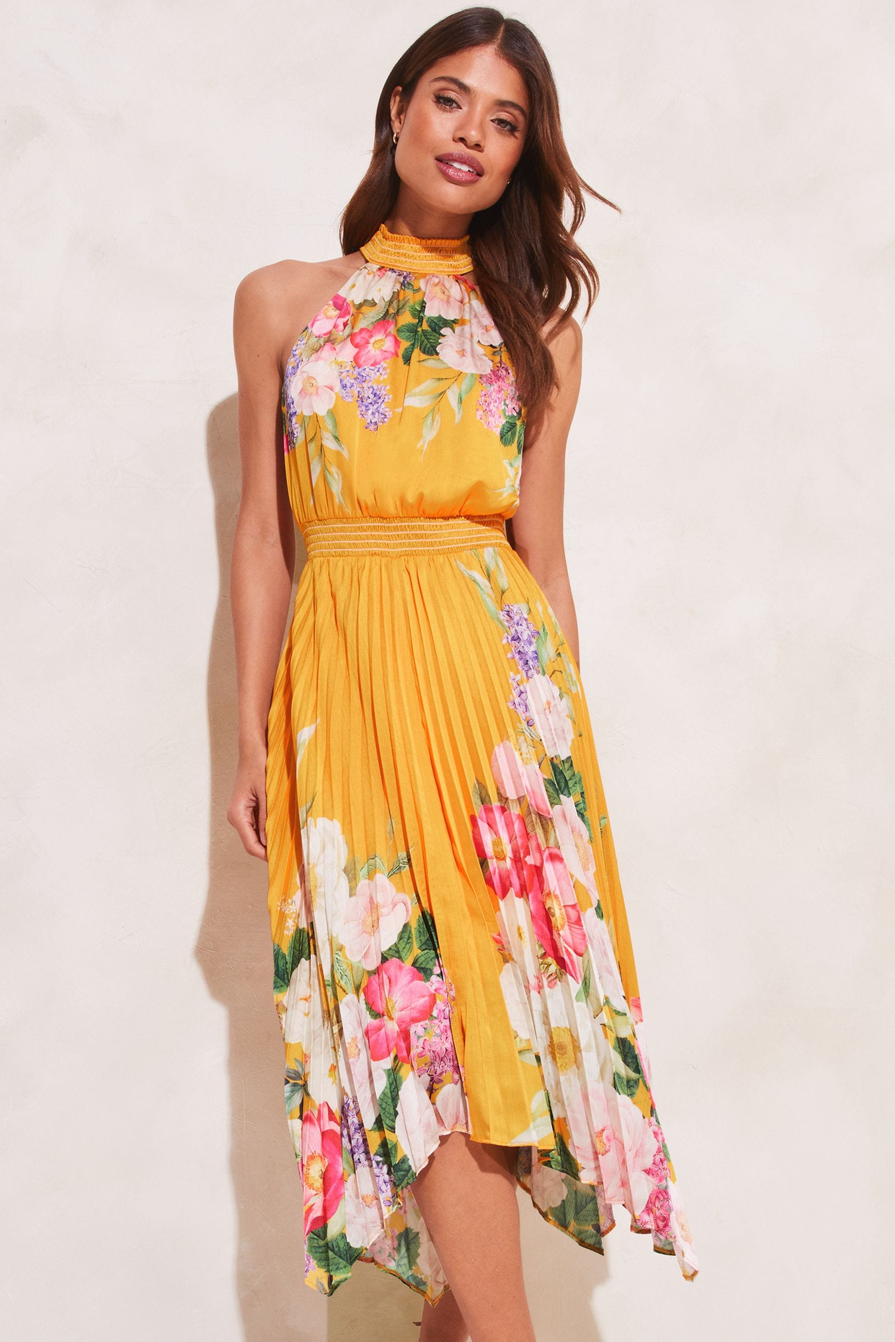 Buy Lipsy Yellow Halter Pleated High Neck Midi Dress from Next Luxembourg