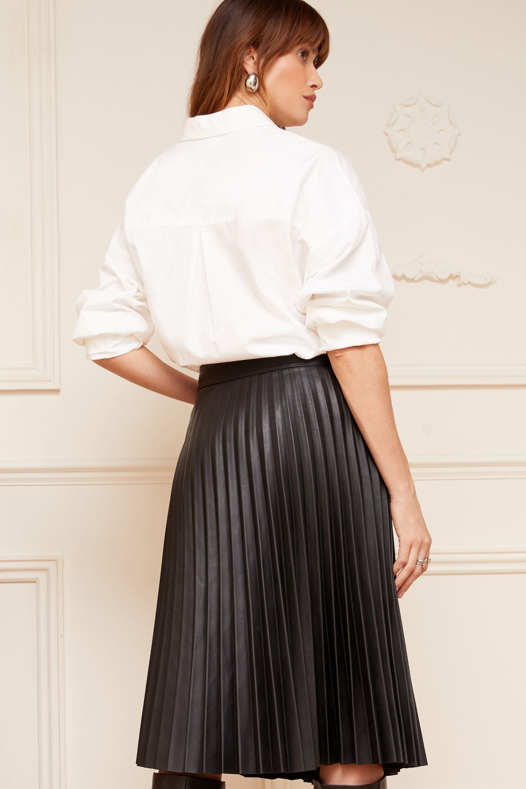 Buy Love Roses Black Petite Faux Leather Pleated Midi Skirt from Next Luxembourg
