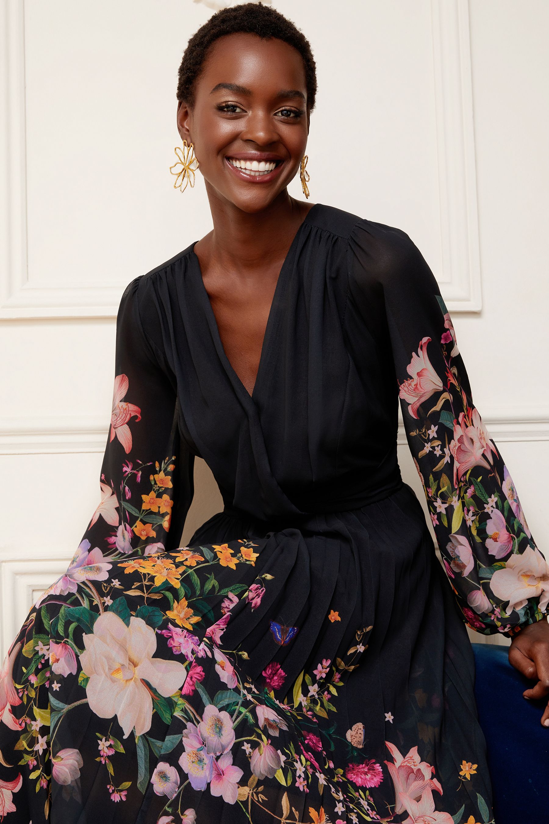 Buy V A Love Roses Black Placement Printed Wrap Front Long Sleeve Pleated Midi Dress from Next Luxembourg