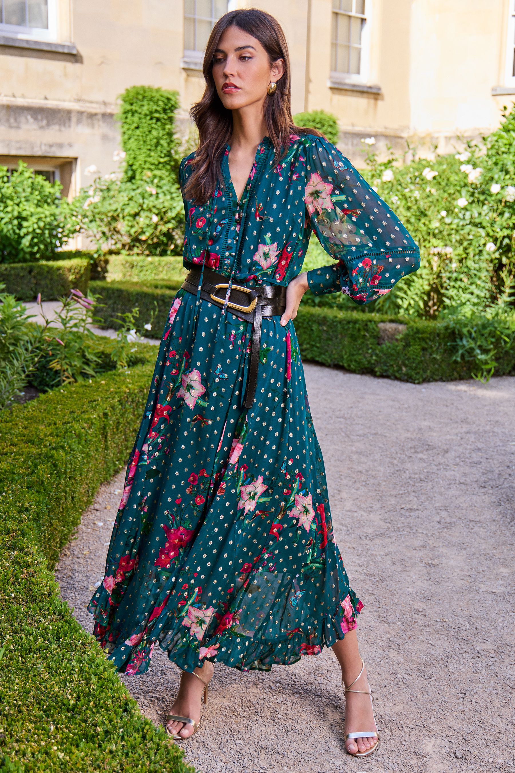 Buy V A Love Roses Teal Floral Frill Tie Neck Lace Trim Belted Long Sleeve Midi Dress from Next Denmark