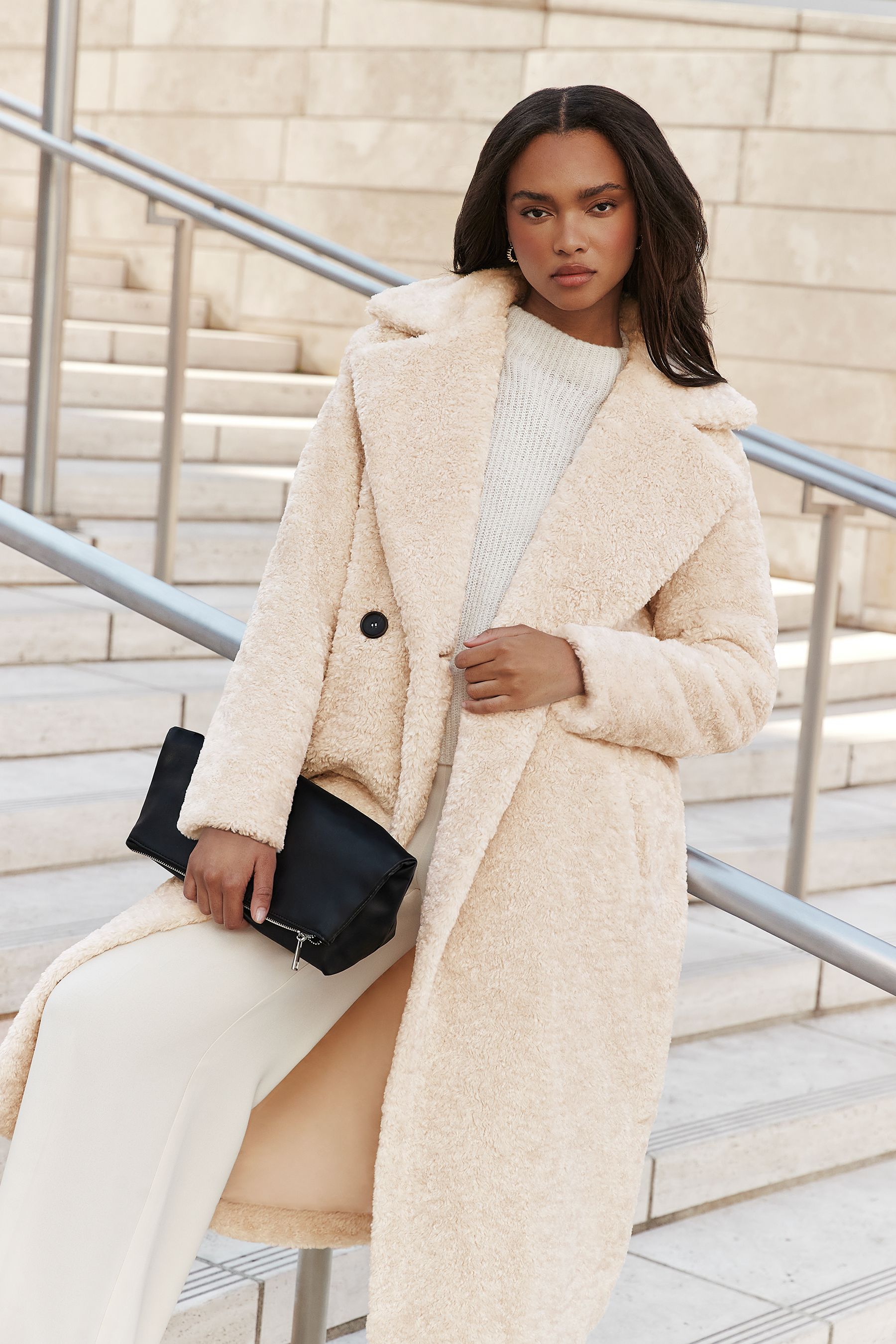 Buy Lipsy Cream Faux Fur Double Breasted Longline Coat from Next Luxembourg