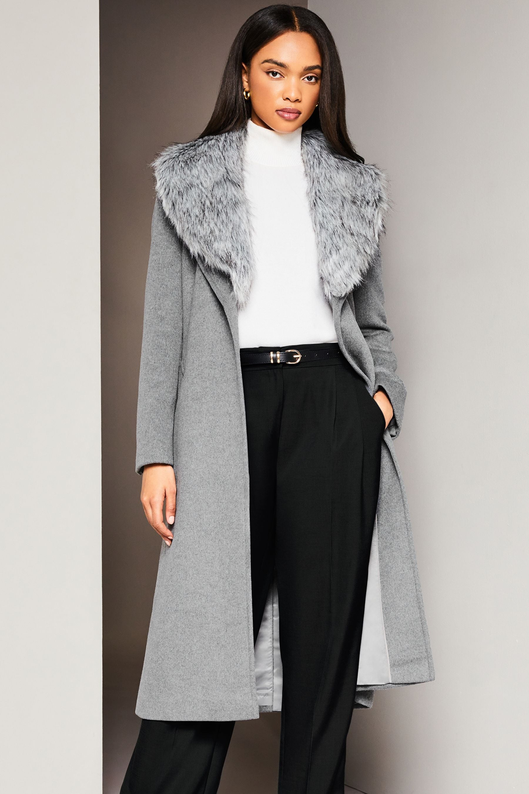 Lipsy Grey Premium Wool Blend Faux Fur Collar Wrap Coat