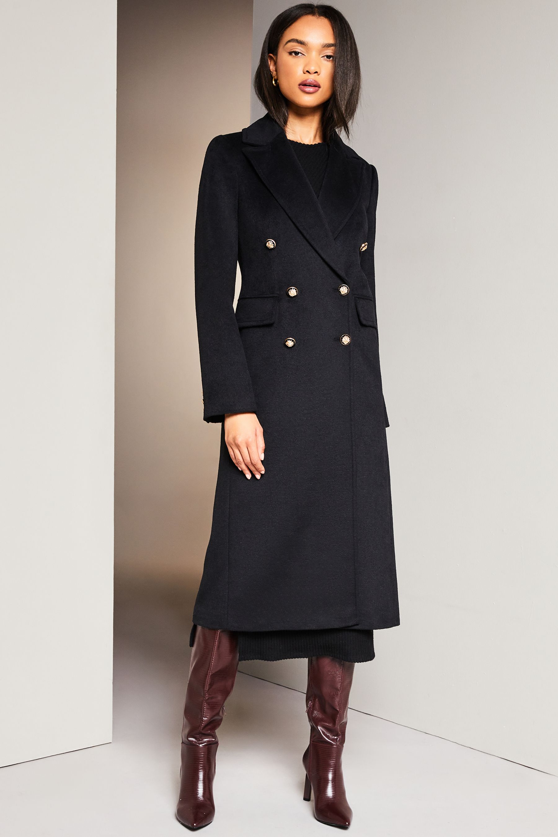 Lipsy Black Premium Wool Blend Faux Fur Collar Double Breasted Coat