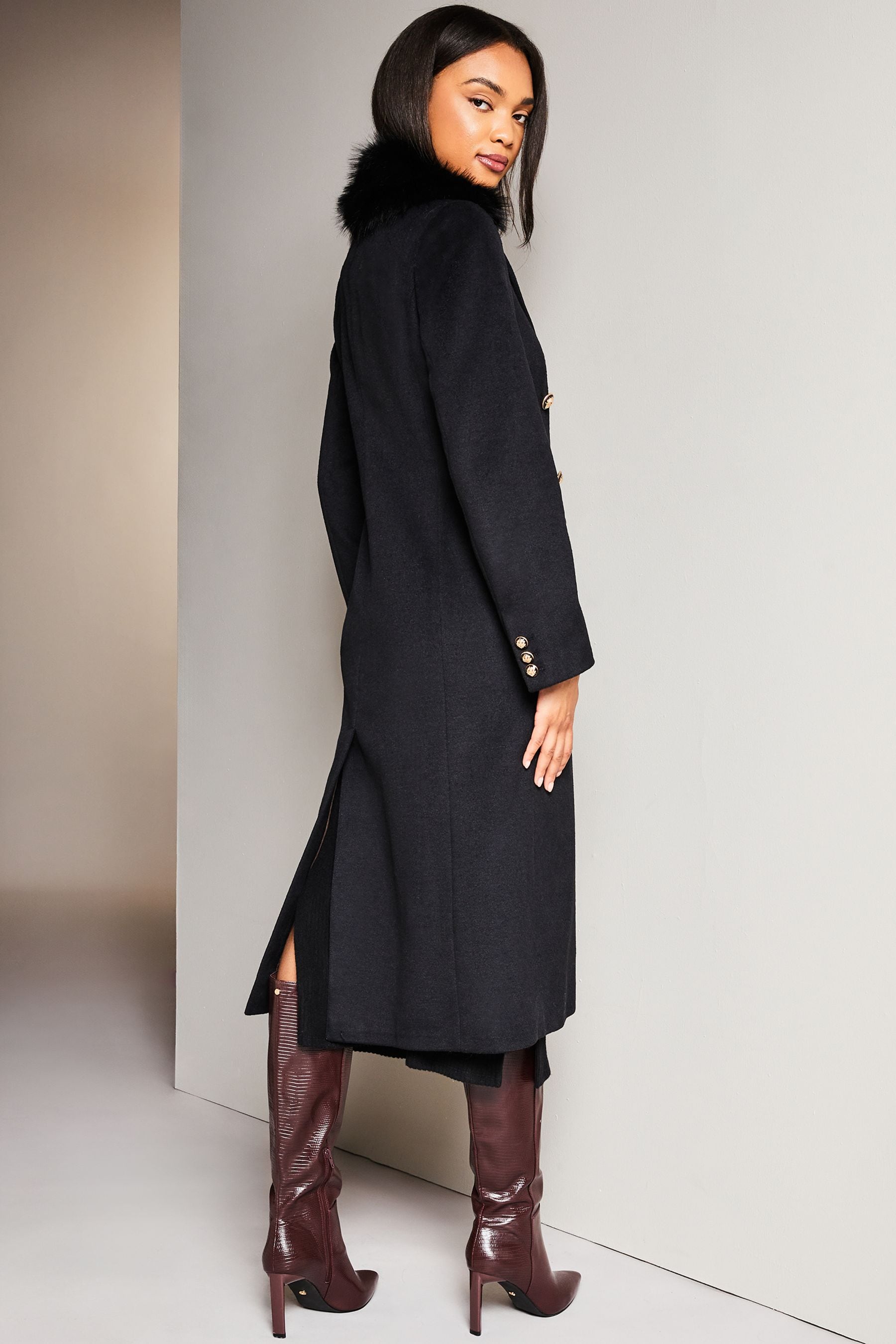Buy Lipsy Black Premium Wool Blend Faux Fur Collar Double Breasted Coat from the Next UK online shop