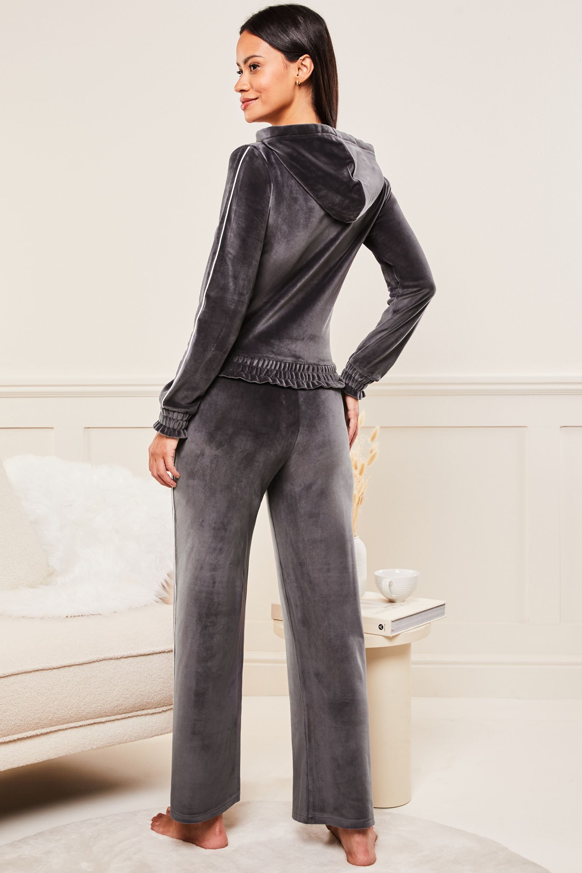 Lipsy Grey Velour Trimmed Wide Leg Trousers - Image 2 of 4