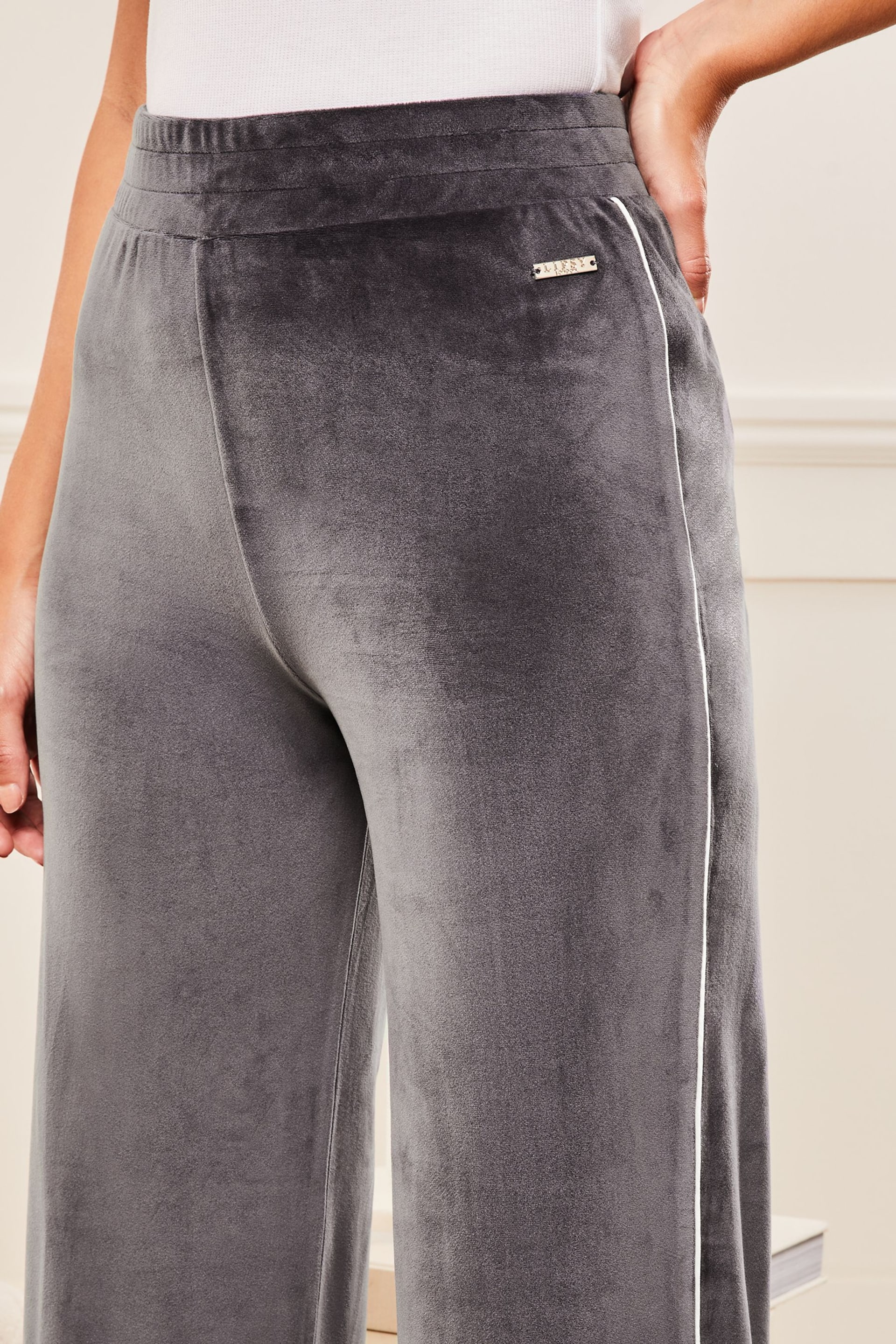 Lipsy Grey Velour Trimmed Wide Leg Trousers - Image 4 of 4