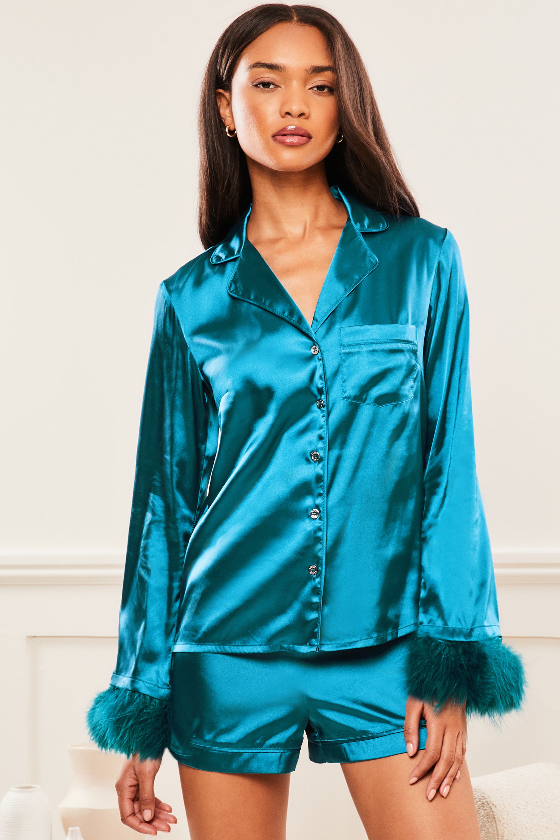 Buy Lipsy Green Satin Feather Long Sleeve Shorts Pyjamas from Next Luxembourg