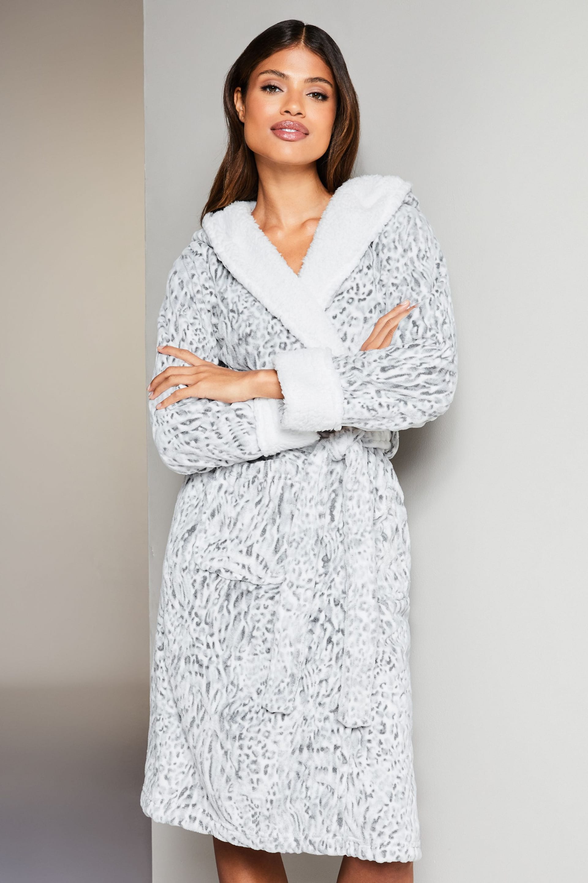 Lipsy Grey Leopard Animal Cosy Borg Super Soft Dressing Gown - Image 1 of 4