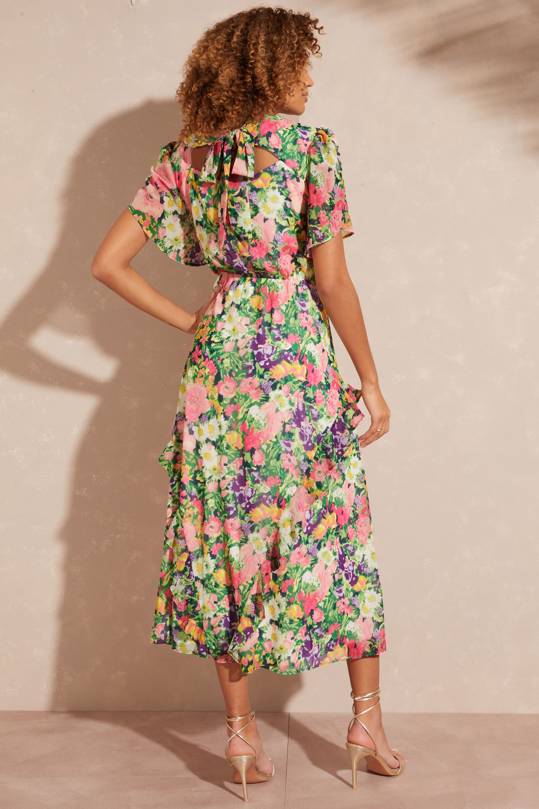 Buy Love Roses Ivory Floral Printed Flutter Sleeve Tiered Ruffle Midi Dress from Next Luxembourg