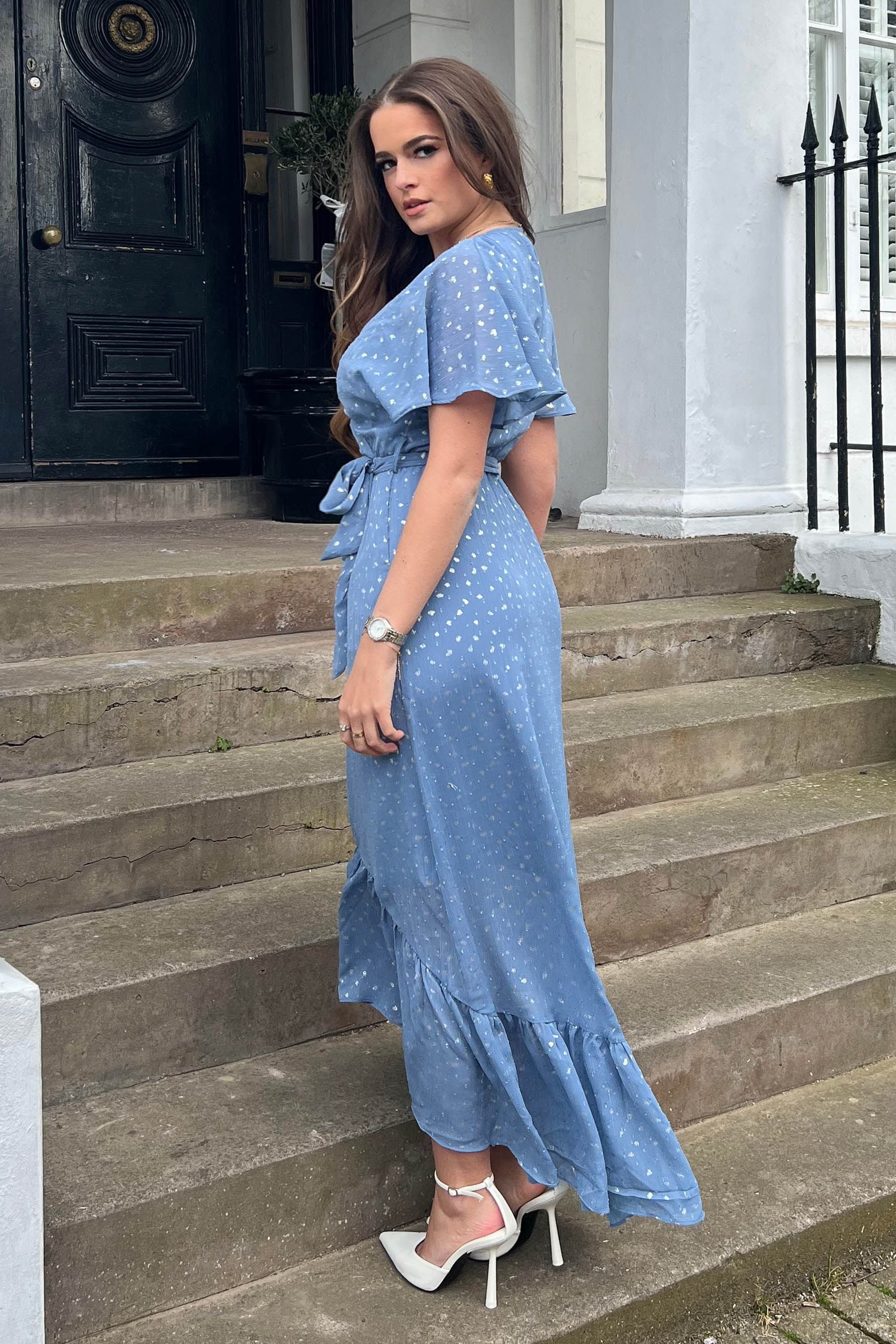 Dusty blue lace ruffle detail midi dress outlet