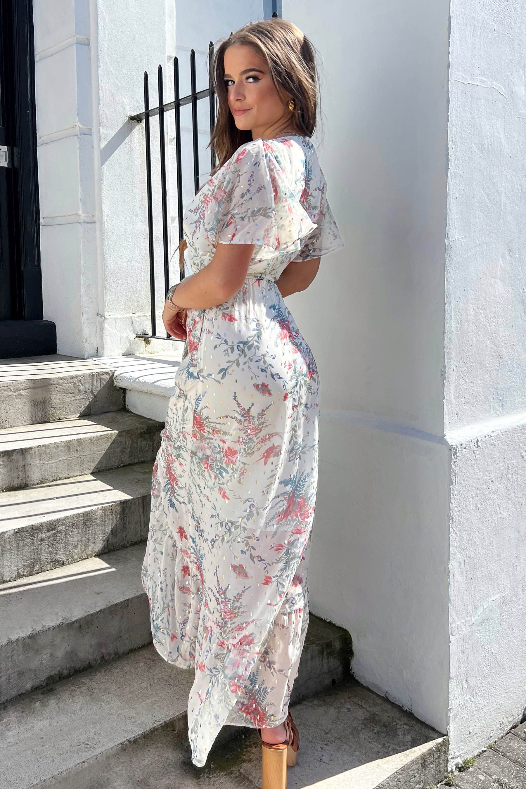 Buy Girl In Mind White Floral Samantha Chiffon Metallic Frill Short Sleeve Midi Dress from Next Luxembourg