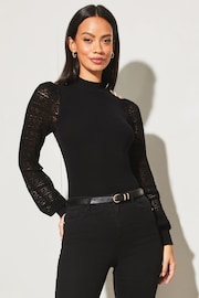 Lipsy Black Pointelle Sleeve High Neck Knitted Jumper - Image 1 of 4