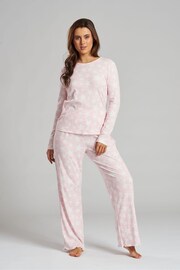Loungeable Pink Leopard Brushed Rib Long Sleeve Top And Trouser Set - Image 1 of 5