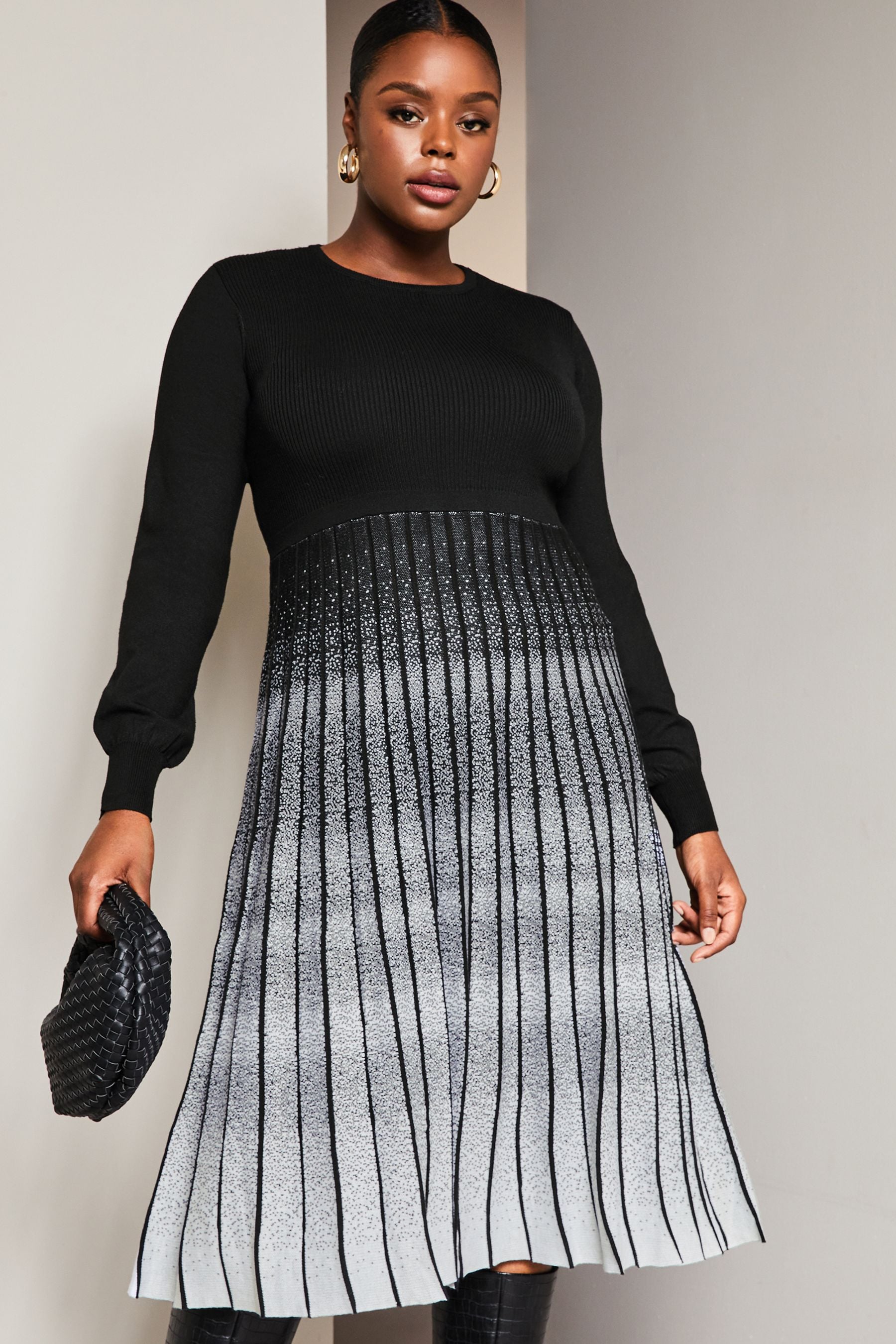 Buy Lipsy Black White Curve 2 in 1 Pleated Knitted Long Sleeve Midi Dress from Next Luxembourg