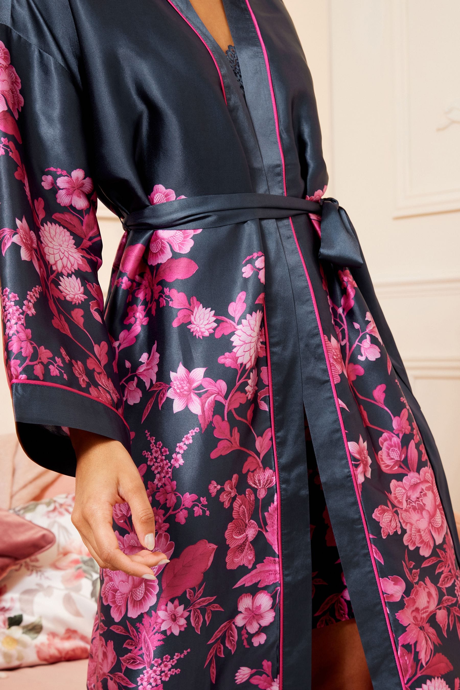 Buy V A Love Roses Navy Blue Pink Floral Belted Satin Dressing Gown from Next Luxembourg