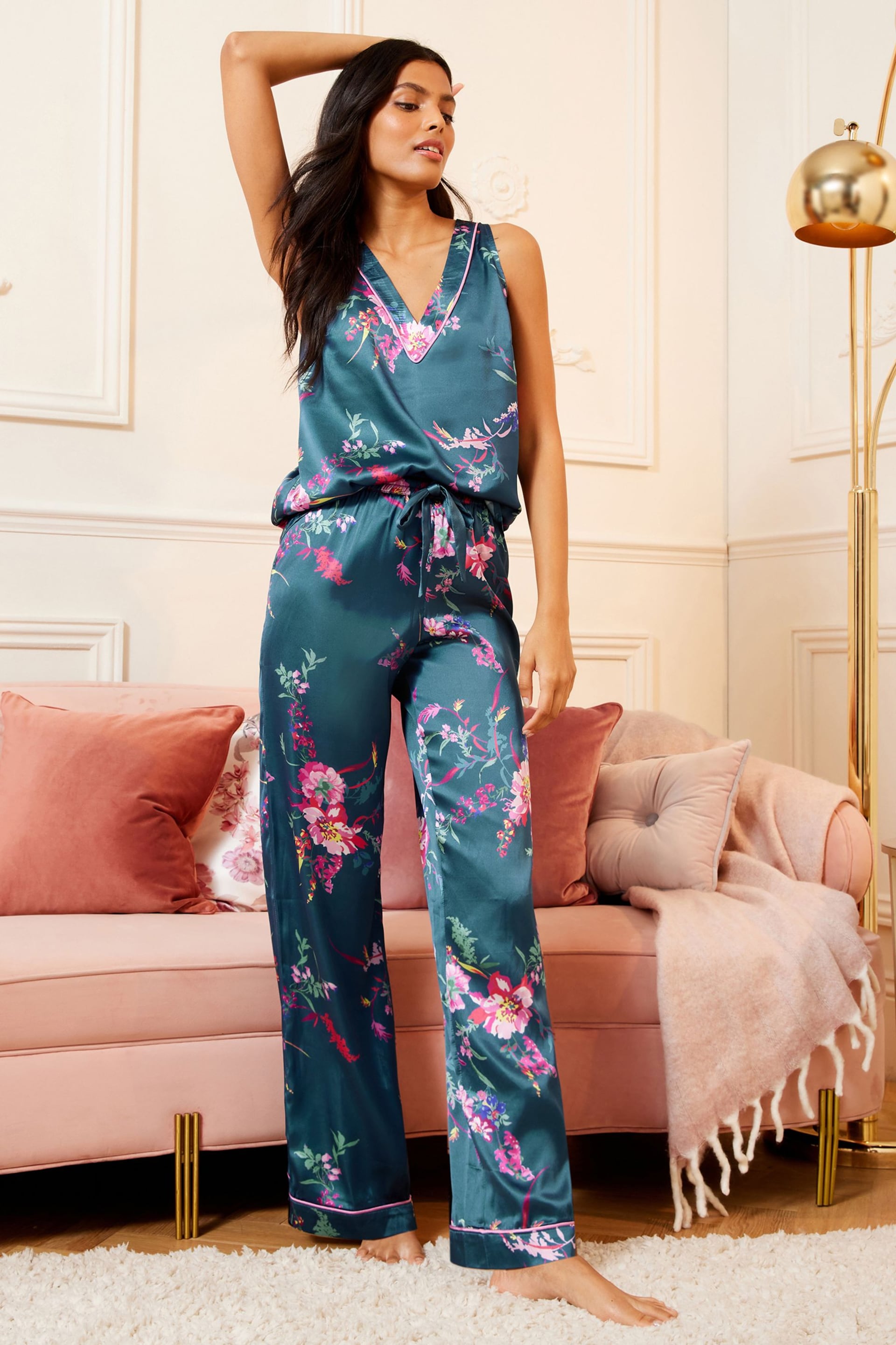 V&A | Love & Roses Green Floral Satin Vest Pyjamas - Image 4 of 4