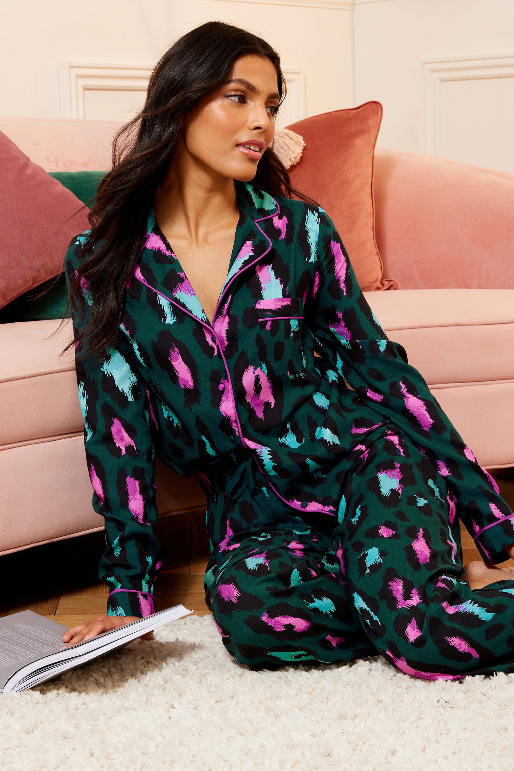 Buy Love Roses Green Leopard Super Soft Button Through Pyjamas from Next Luxembourg