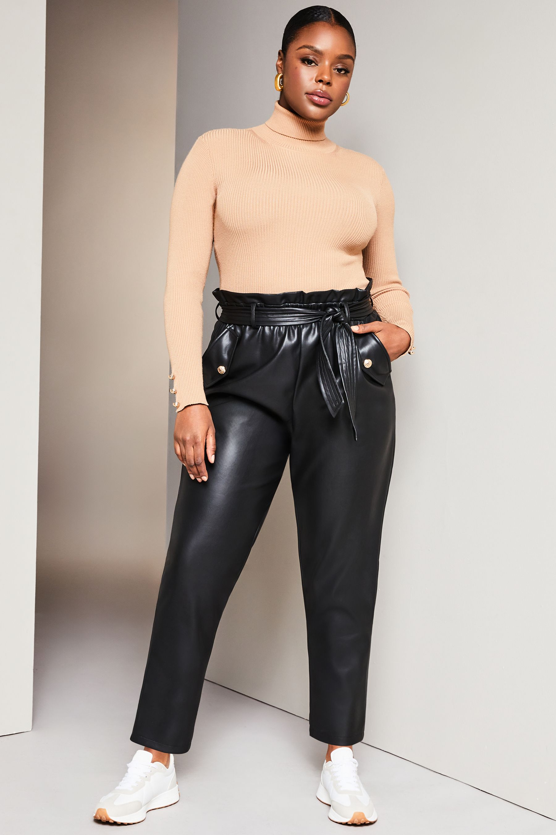Buy Lipsy Black Curve Faux Leather Military Button Paperbag Trousers from Next Luxembourg