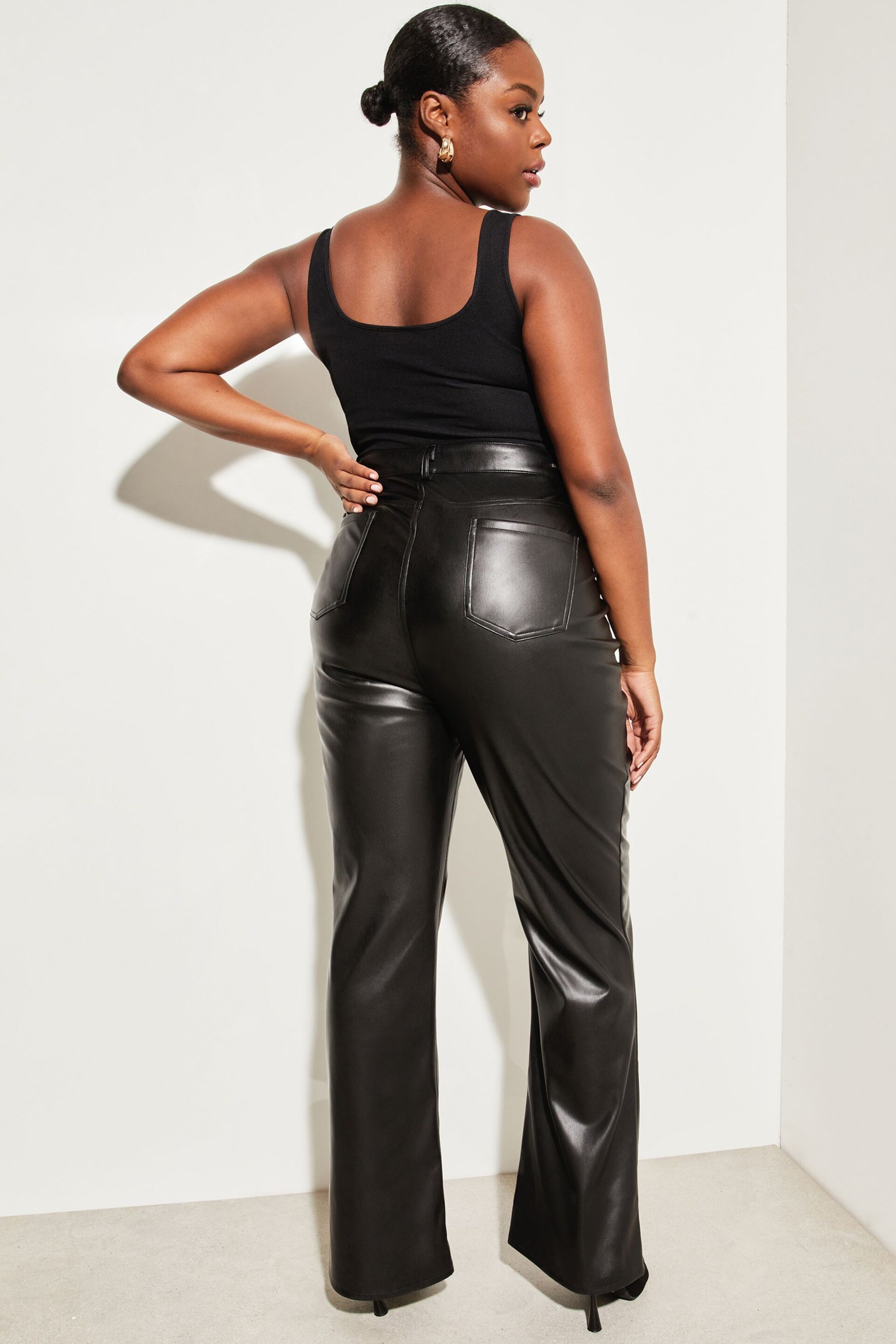 Lipsy Black PU Curve Mid Rise Flare Jeans - Image 2 of 4