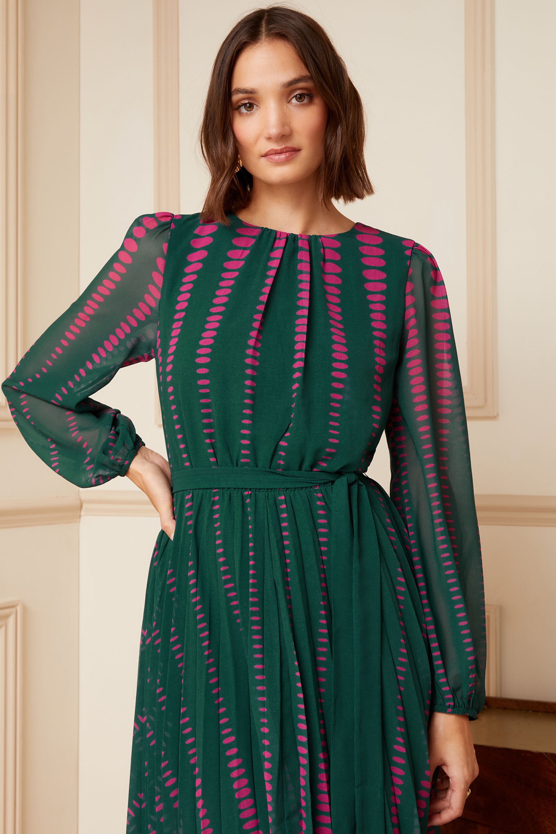 Buy Love Roses Green Pink Spot Petite Printed Belted Pleated Long Sleeve Midi Dress from Next Luxembourg