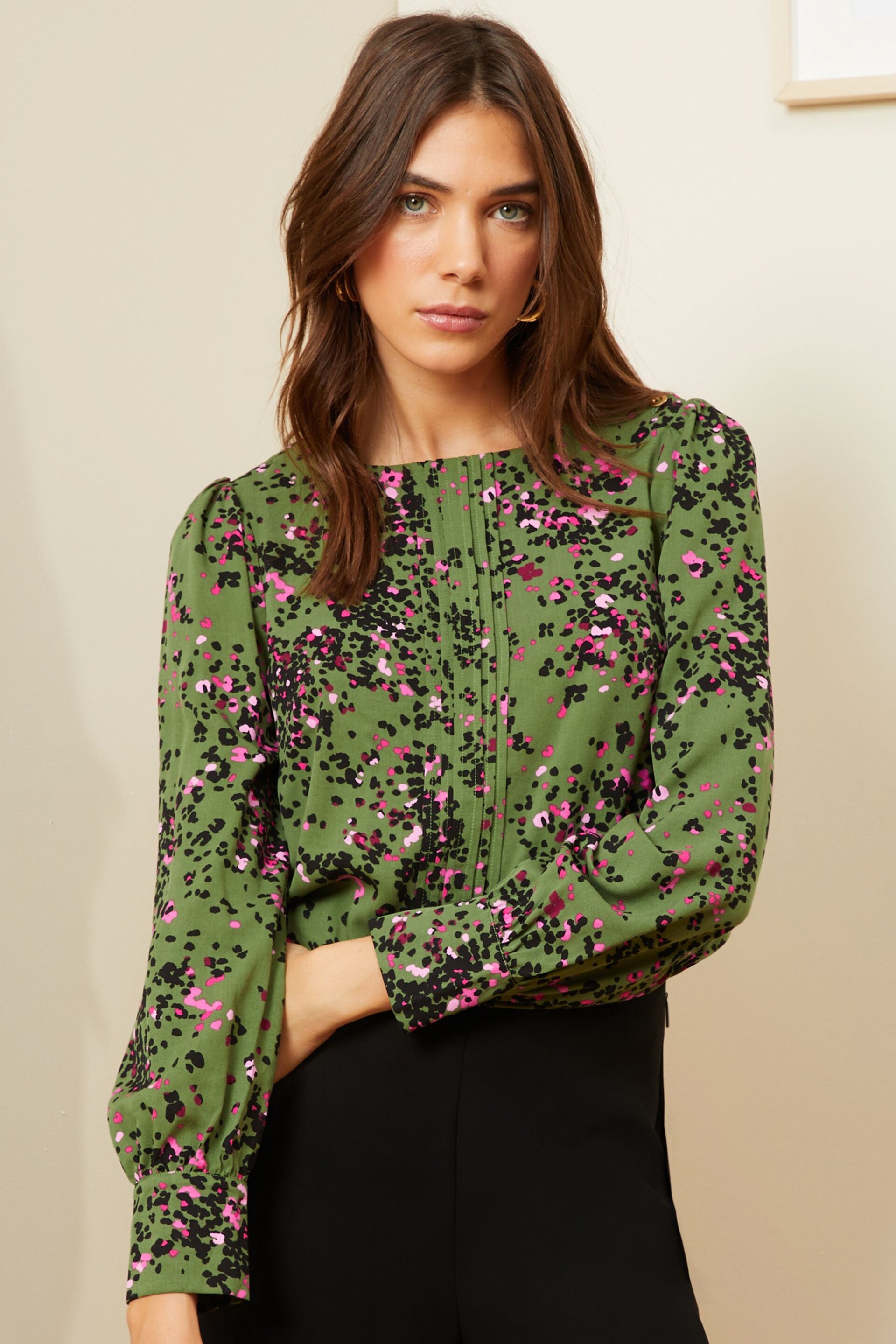Love & Roses Khaki Green Animal Petite Long Sleeve Blouse With Central Pintuck Details - Image 1 of 4