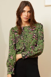 Love & Roses Khaki Green Animal Long Sleeve Blouse With Central Pintuck Details - Image 1 of 4