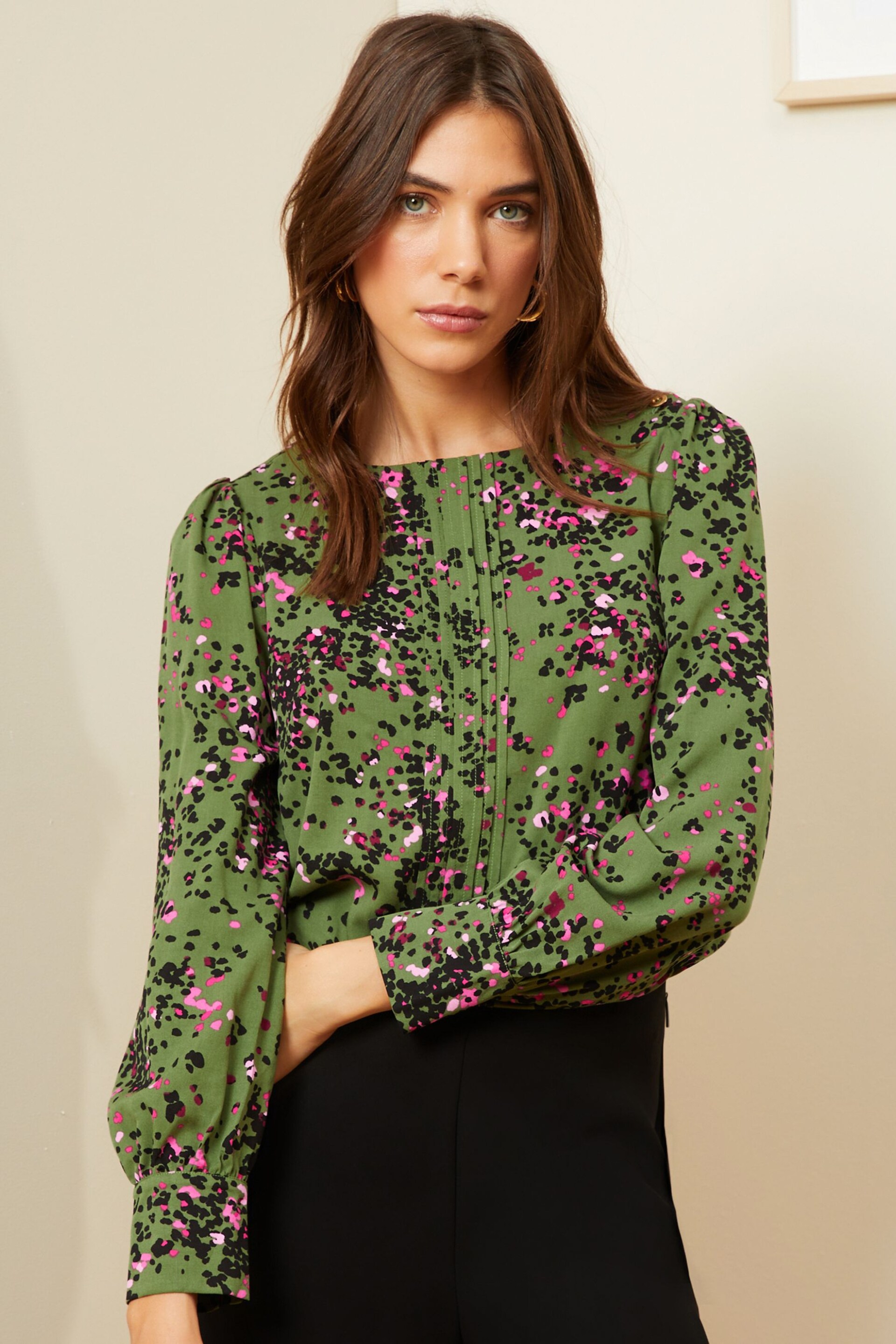 Love & Roses Khaki Green Animal Long Sleeve Blouse With Central Pintuck Details - Image 1 of 4