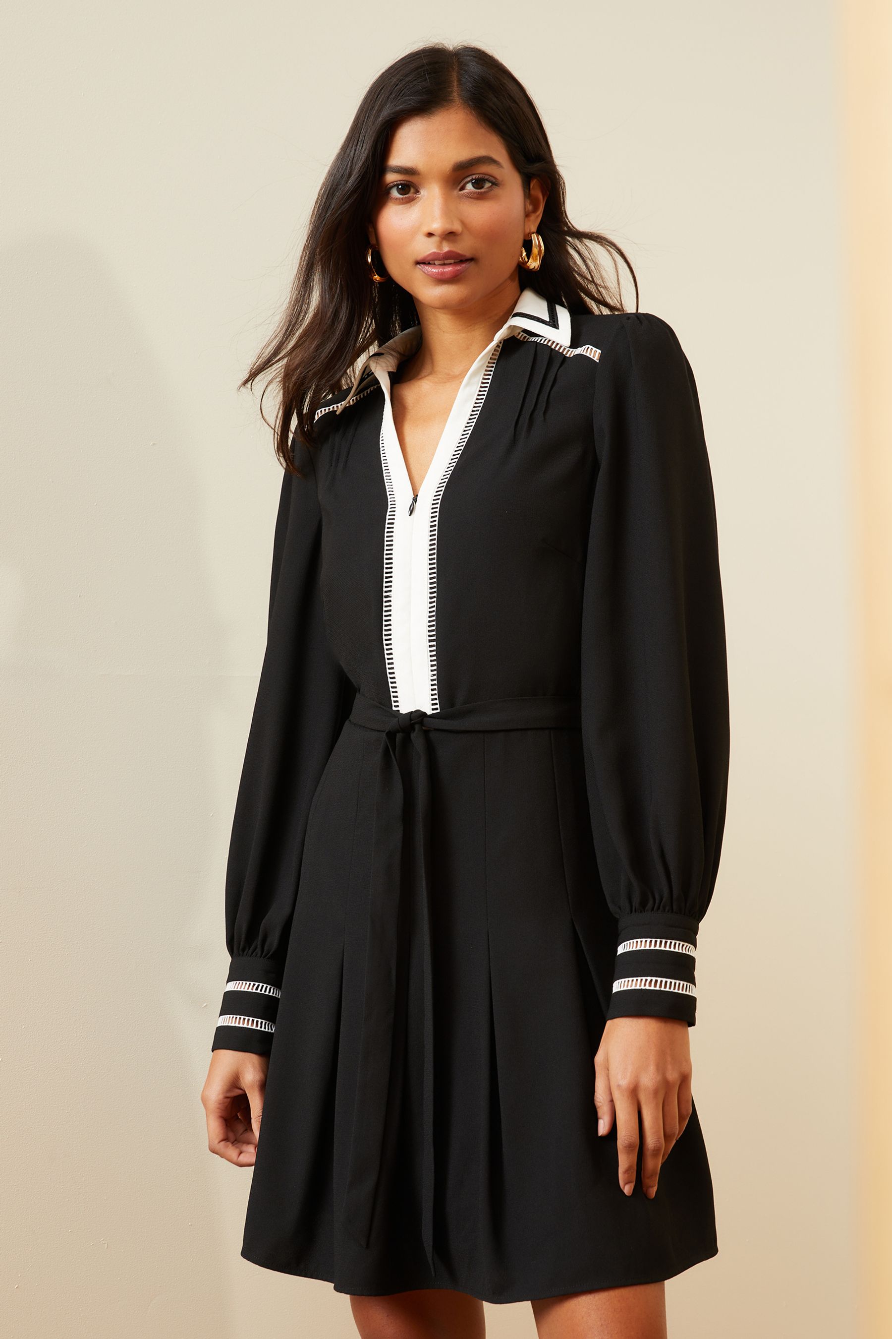 Buy Love Roses Black and White Contrast Detail Zip Belted Mini Dress from Next Luxembourg