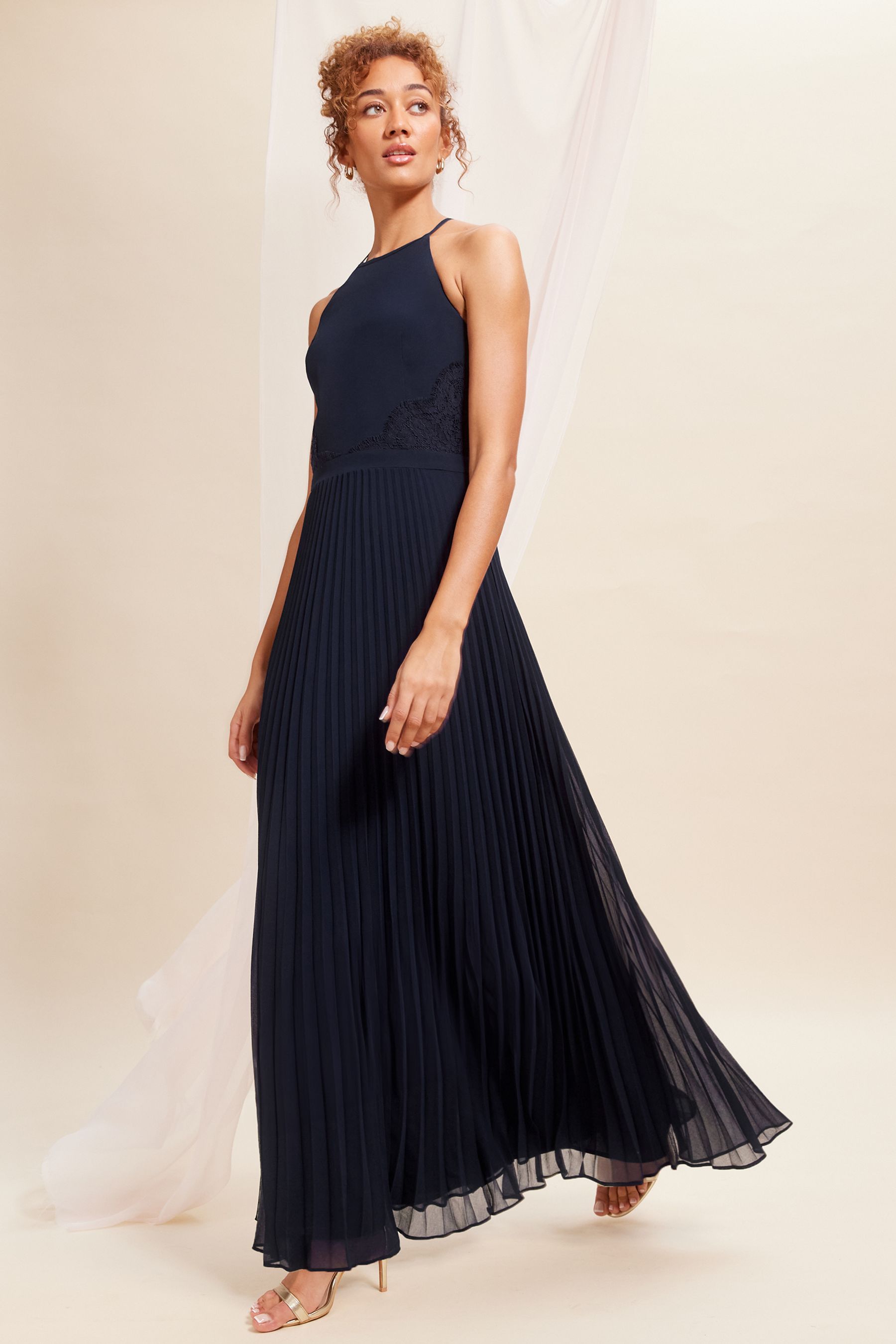 Buy Love Roses Navy Blue Pleated Lace Insert Bridesmaid Maxi Dress from Next Luxembourg