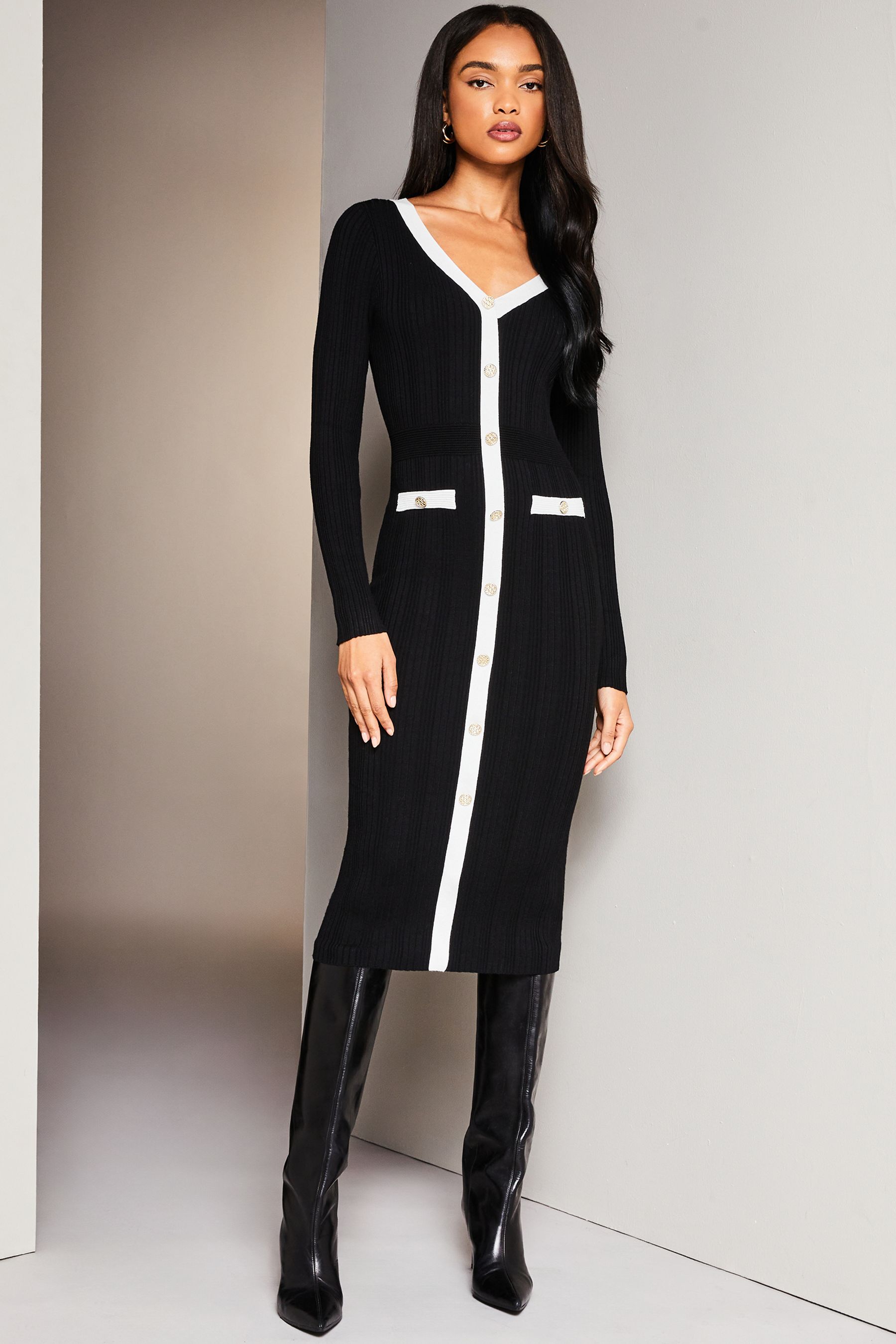 Buy Lipsy Black White Button V Neck Long Sleeve Bodycon Midi Dress from Next Luxembourg