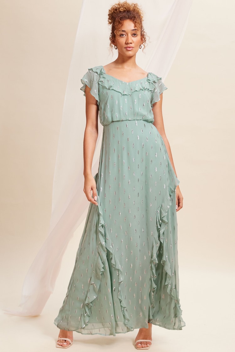 Love & Roses Green Metallic Ruffle Detail Tie Back Maxi Dress - Image 1 of 4