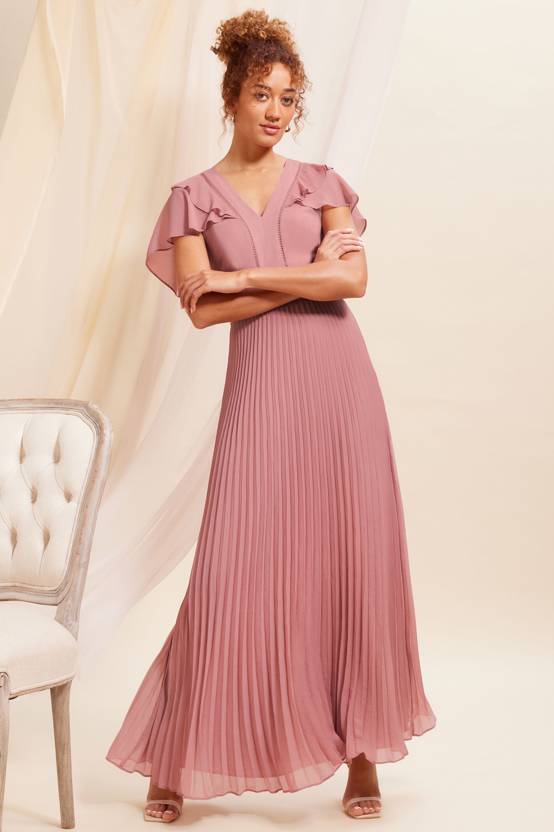 Buy Love Roses Rose Pink Ruffle Cape Detail Lace Trim Pleated Maxi Bridesmaid Dress from Next Luxembourg