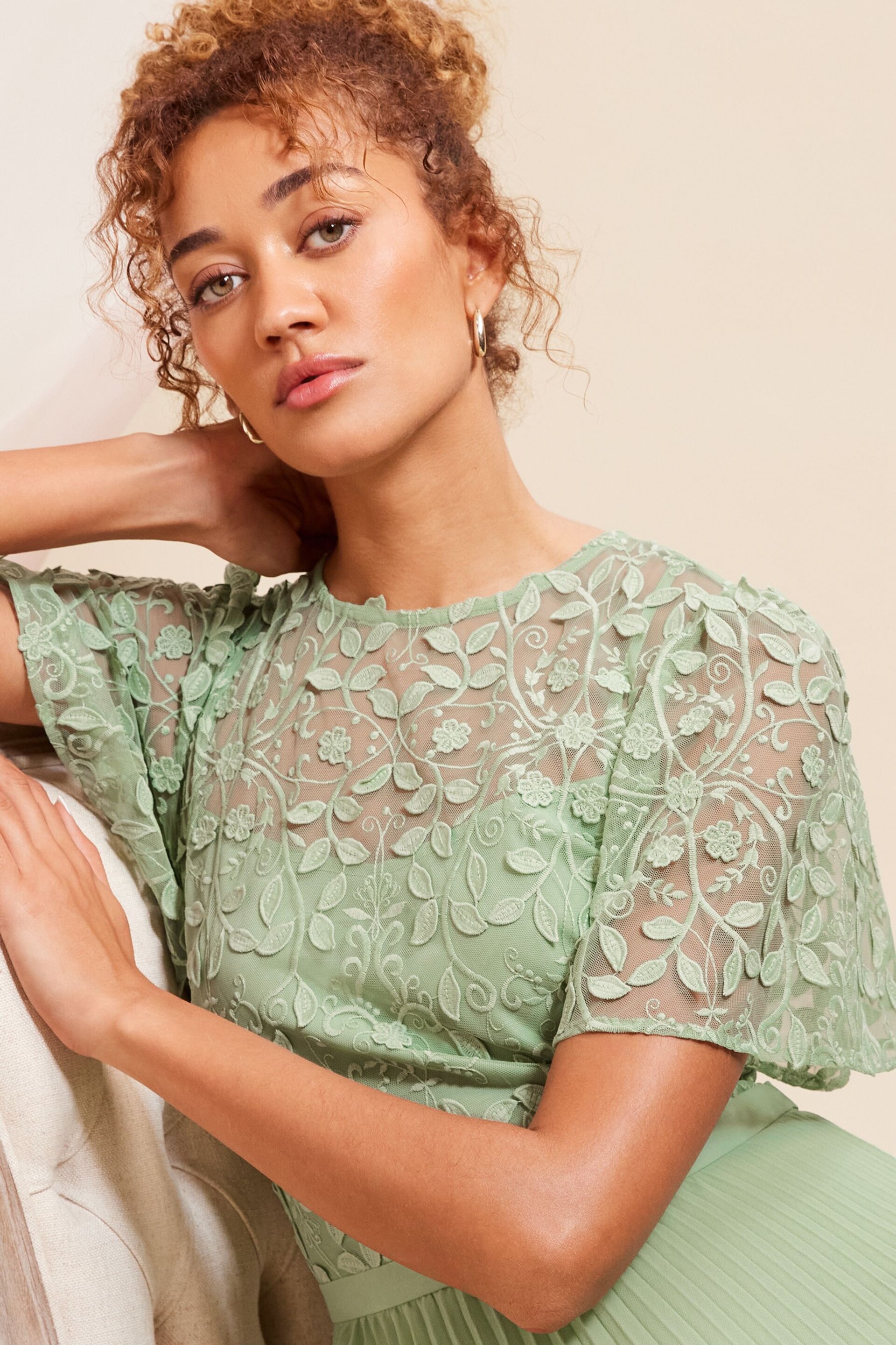 Love & Roses Sage Green Embroidered Flutter Sleeve Pleated Maxi Bridesmaid Dress - Image 2 of 4