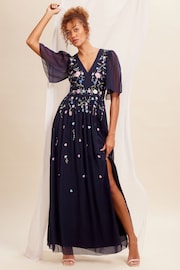 Love & Roses Navy Blue Embellished Chiffon Flutter Sleeve Maxi Dress - Image 1 of 4