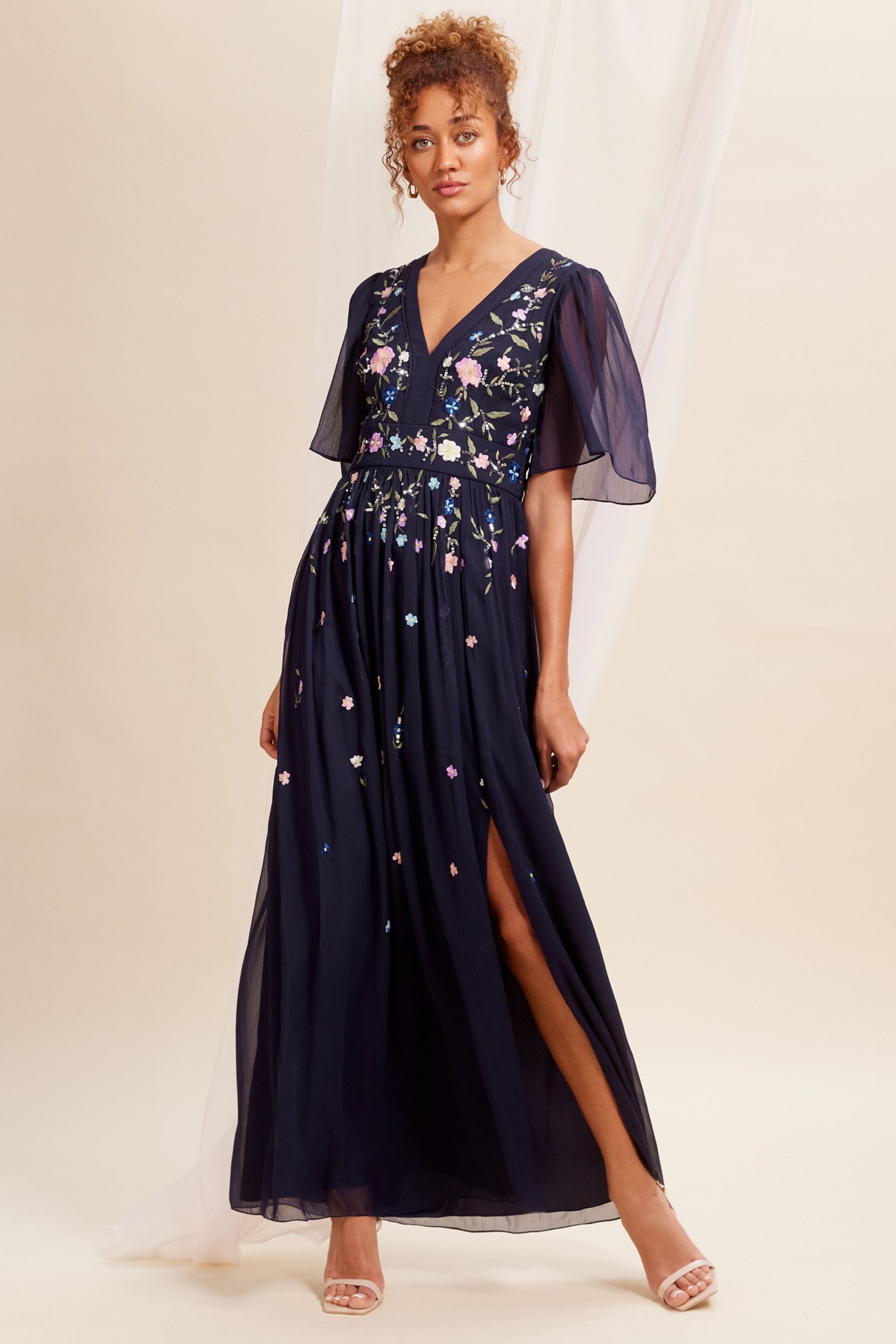 Love & Roses Navy Blue Embellished Chiffon Flutter Sleeve Maxi Dress - Image 2 of 4