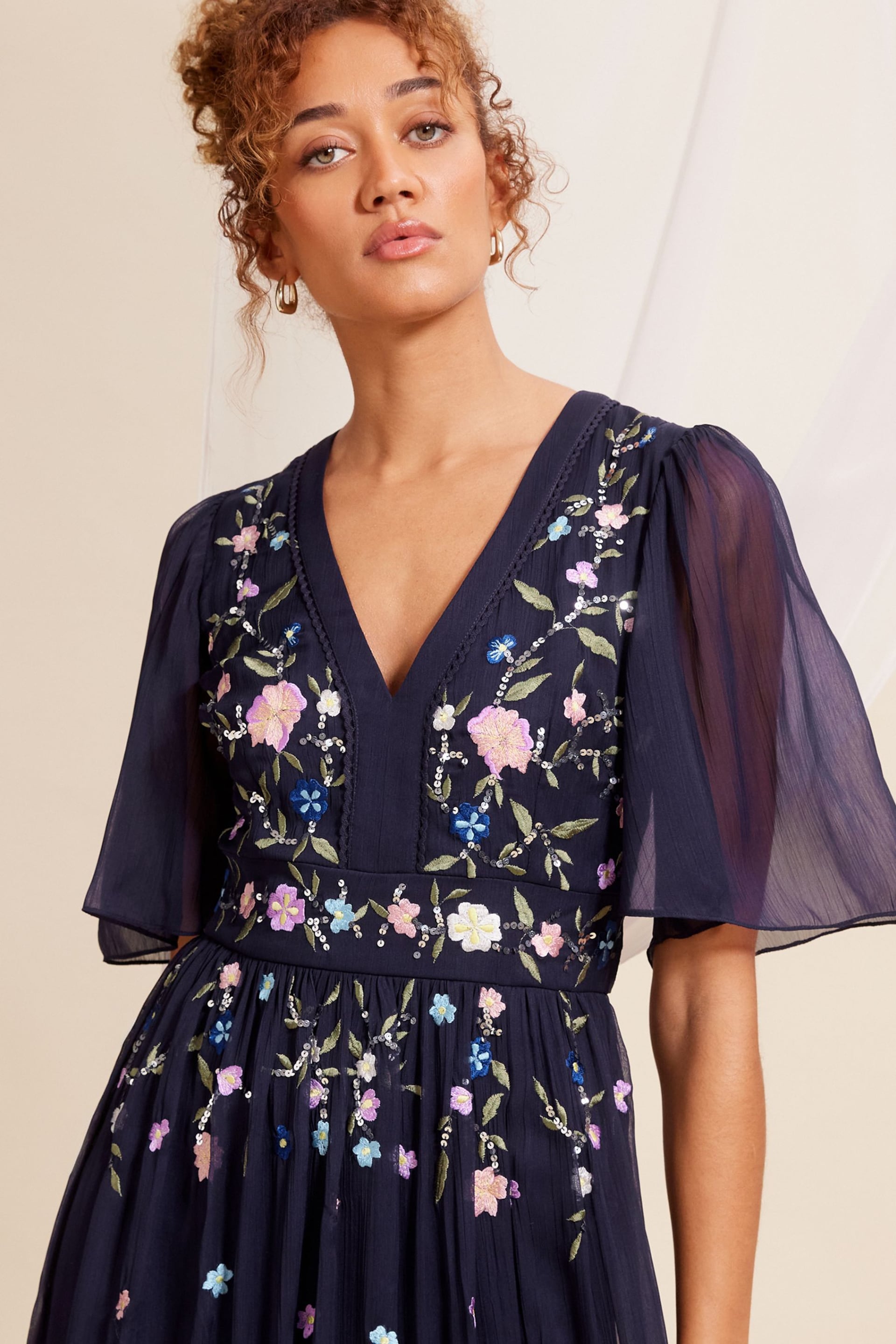 Love & Roses Navy Blue Embellished Chiffon Flutter Sleeve Maxi Dress - Image 4 of 4