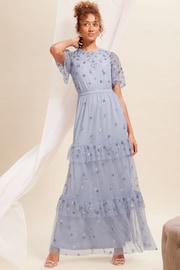 Love & Roses Blue Embellished Mesh Tiered Maxi Bridesmaid Dress - Image 1 of 4