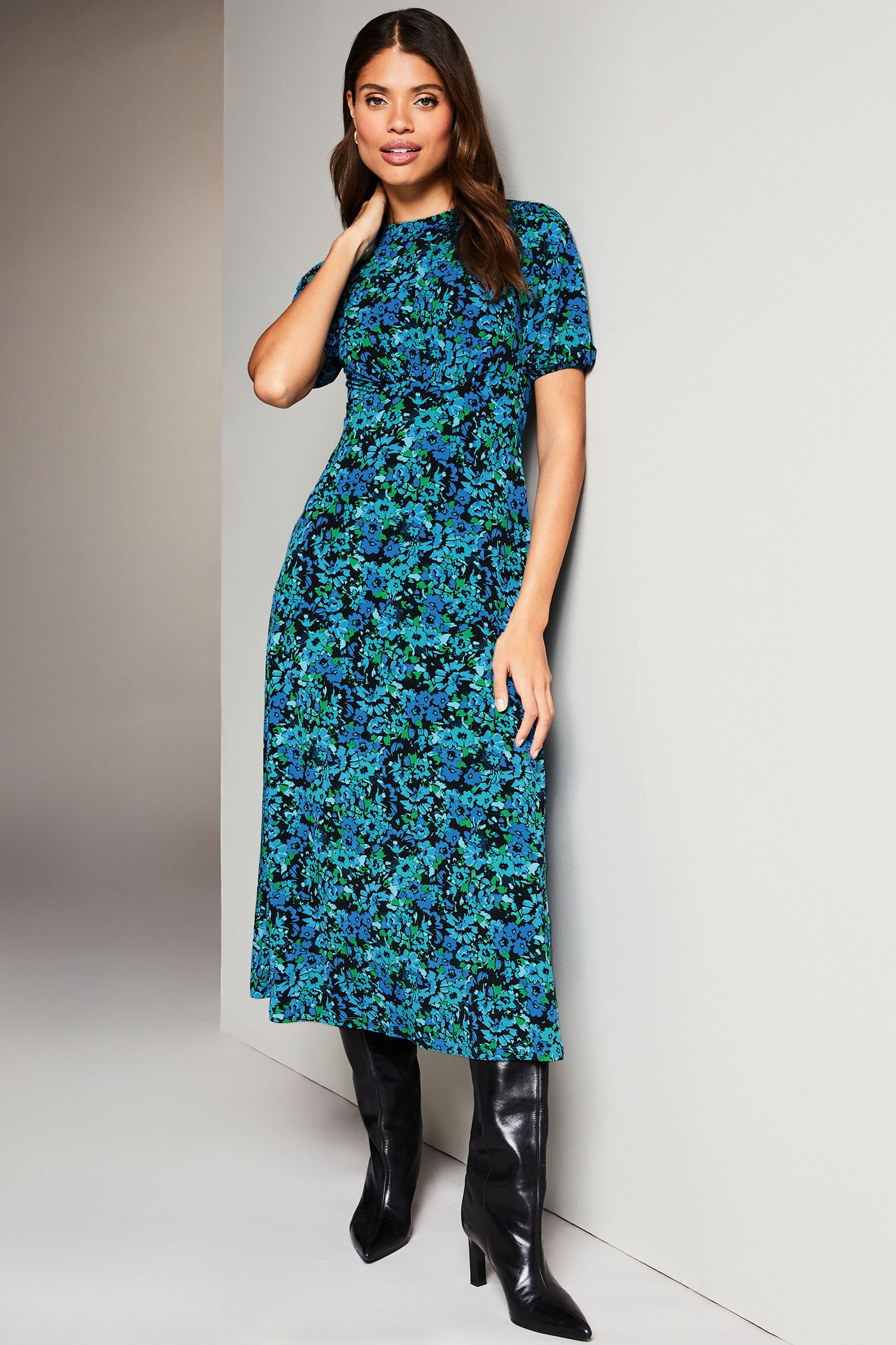Buy Lipsy Blue Ditsy Floral Jersey Puff Short Sleeve Underbust Midi Dress from Next Luxembourg