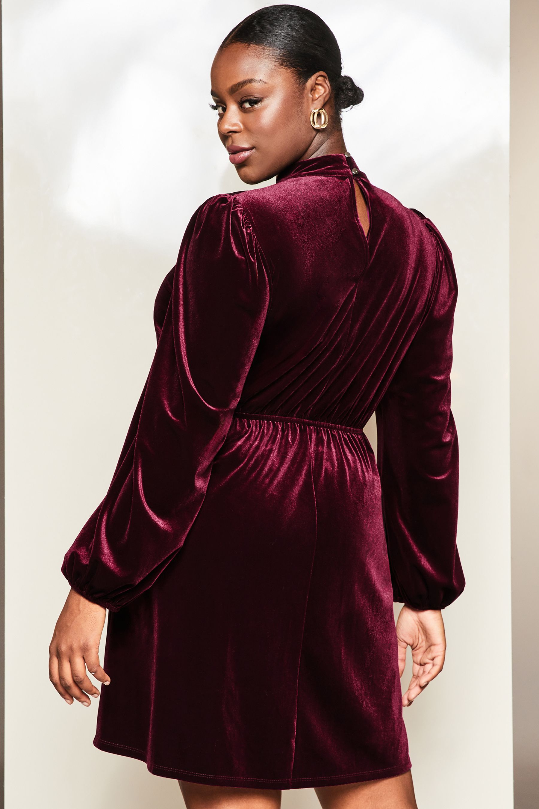 Buy Lipsy Berry Red Curve Velvet Long Sleeve High Neck Key Hole Mini Dress from Next Luxembourg