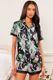 Lipsy Black Tigerlily Satin Short Sleeve Shorts Pyjamas - Image 1 of 4